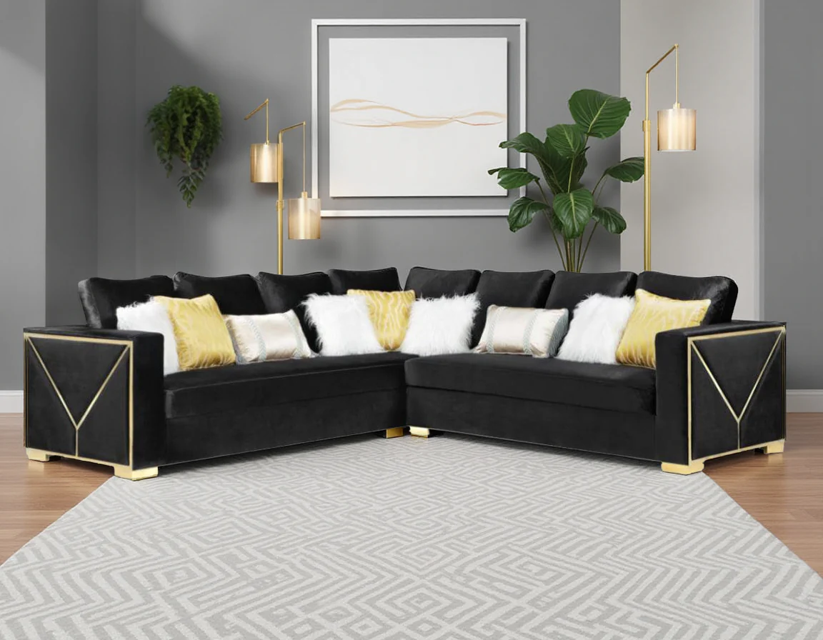 Black Velvet Sectional Sofa with Gold Trim & Accent Pillows
