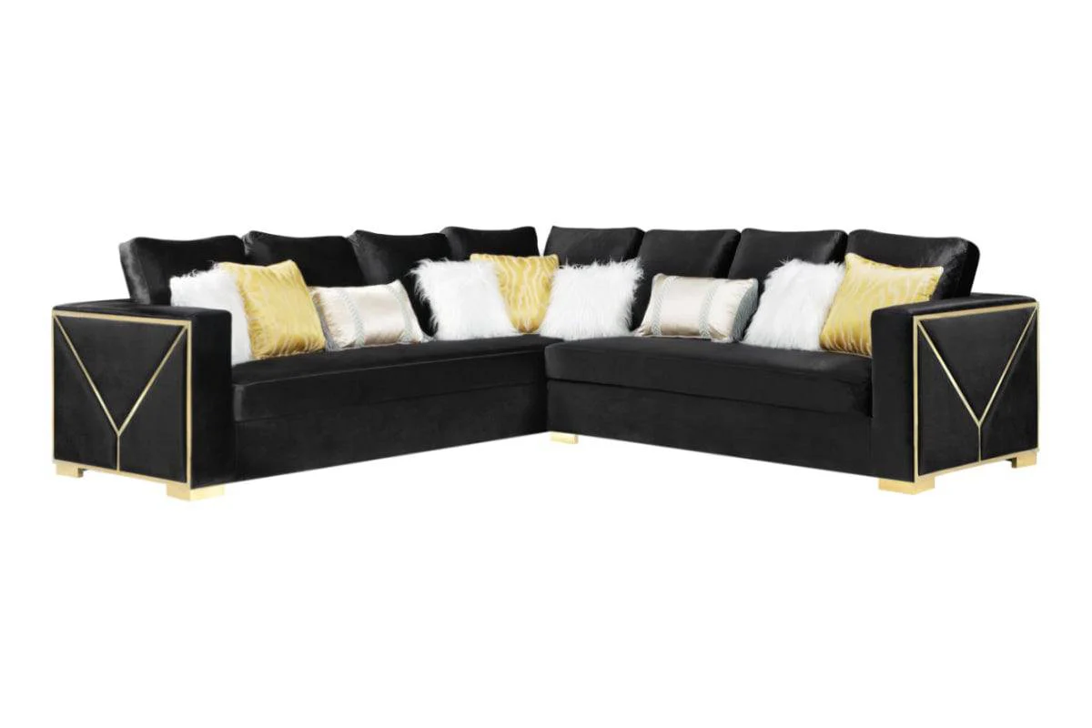 Black Velvet Sectional Sofa with Gold Trim & Accent Pillows