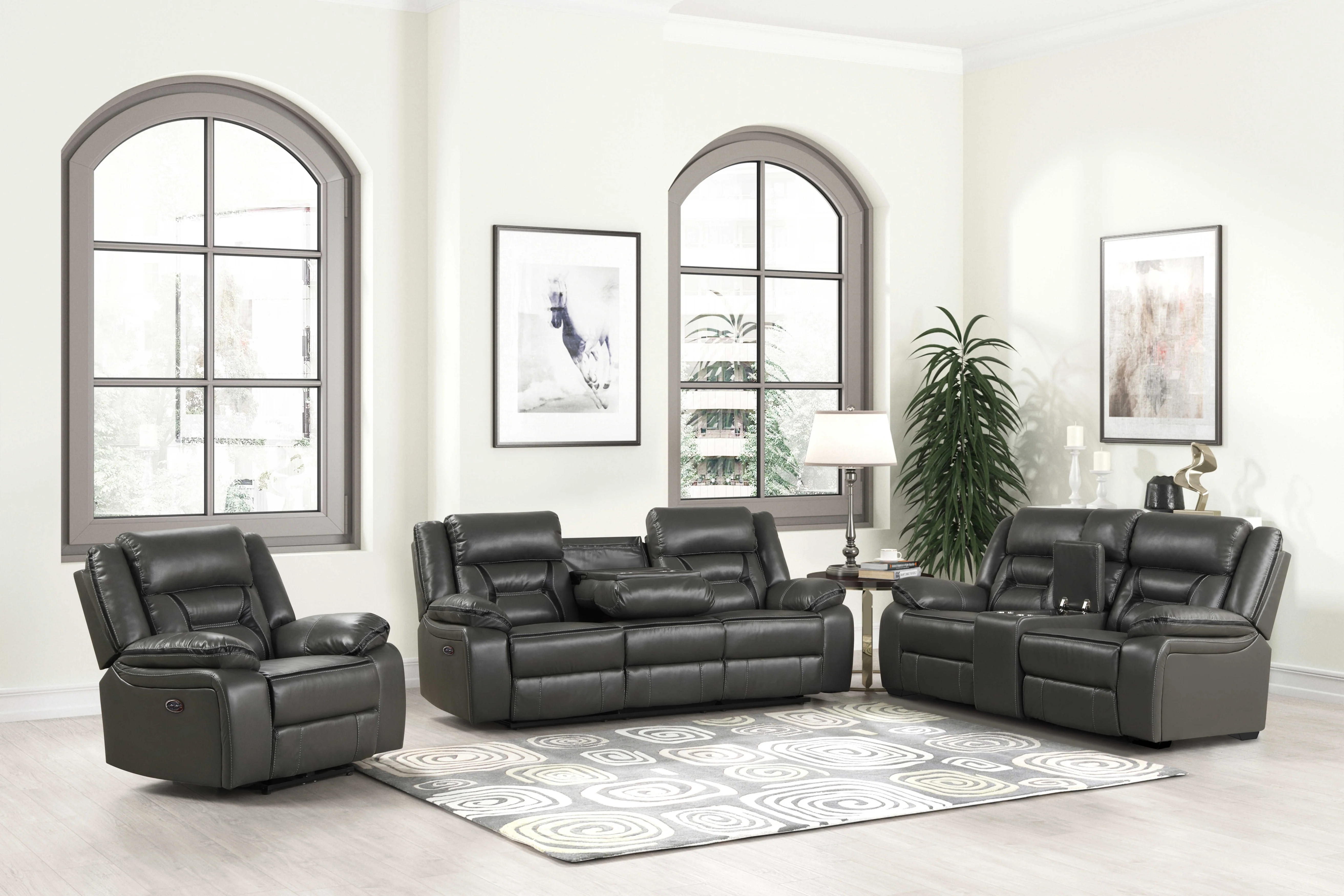 Charcoal Gray Reclining 3-Piece Living Room Set w/ Console Cup Holders
