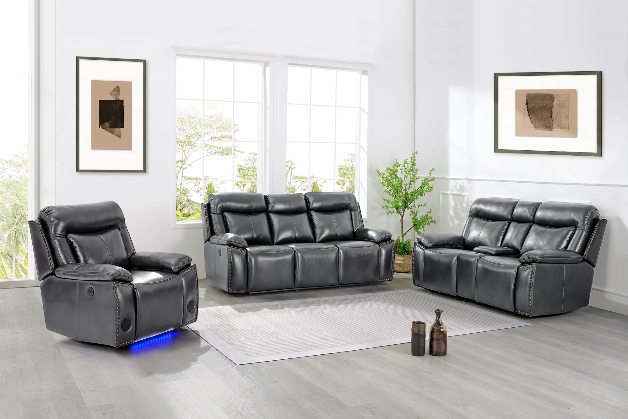 3-Piece Power Reclining Living Room Set with Stationary Loveseat & LED Accent Lighting (Charcoal)