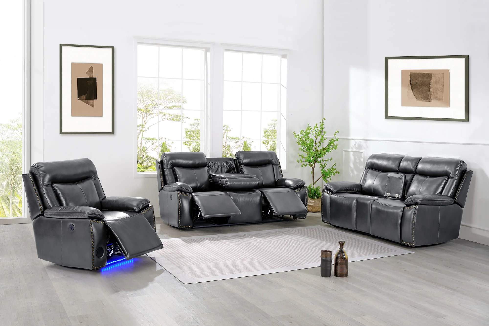 3-Piece Power Reclining Living Room Set with Stationary Loveseat & LED Accent Lighting (Charcoal)