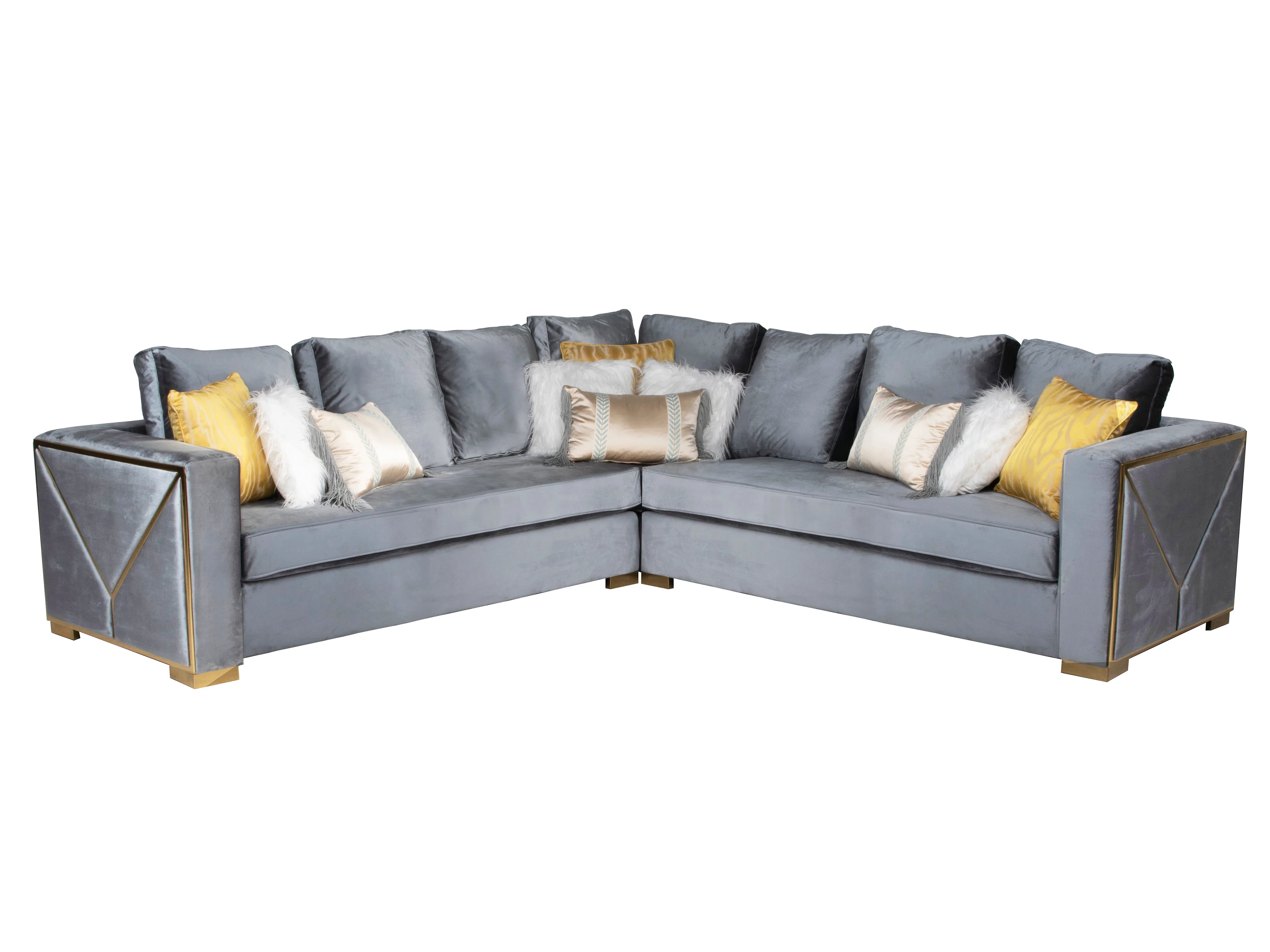 Modern Gray Velvet Sectional Sofa with Gold Trim & Accent Pillows