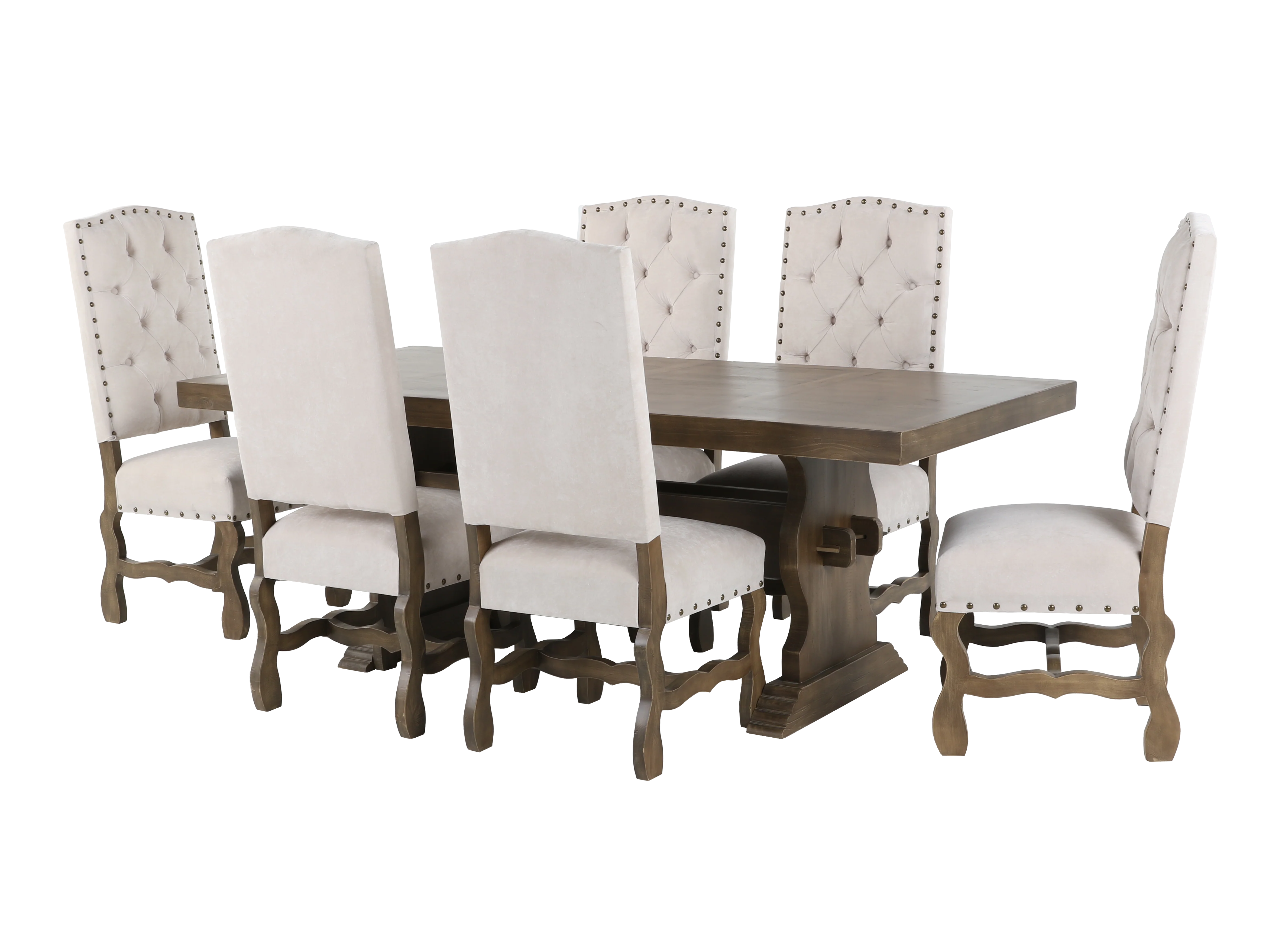 7-Piece Trestle Dining Set with 6 Tufted High-Back Chairs (Warm Brown/Ivory)
