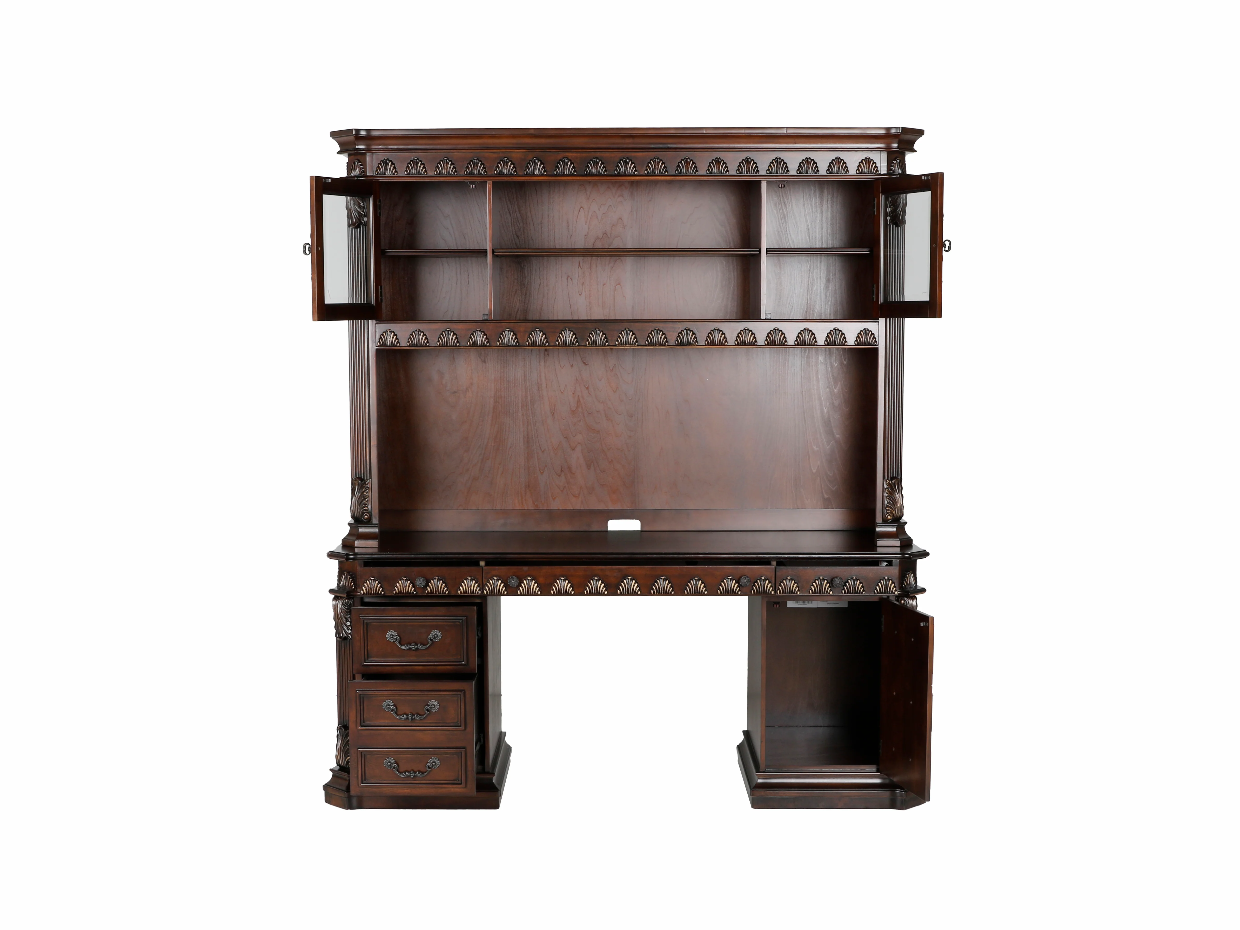 Traditional Executive Desk with Hutch and Glass Door Storage in Dark Brown