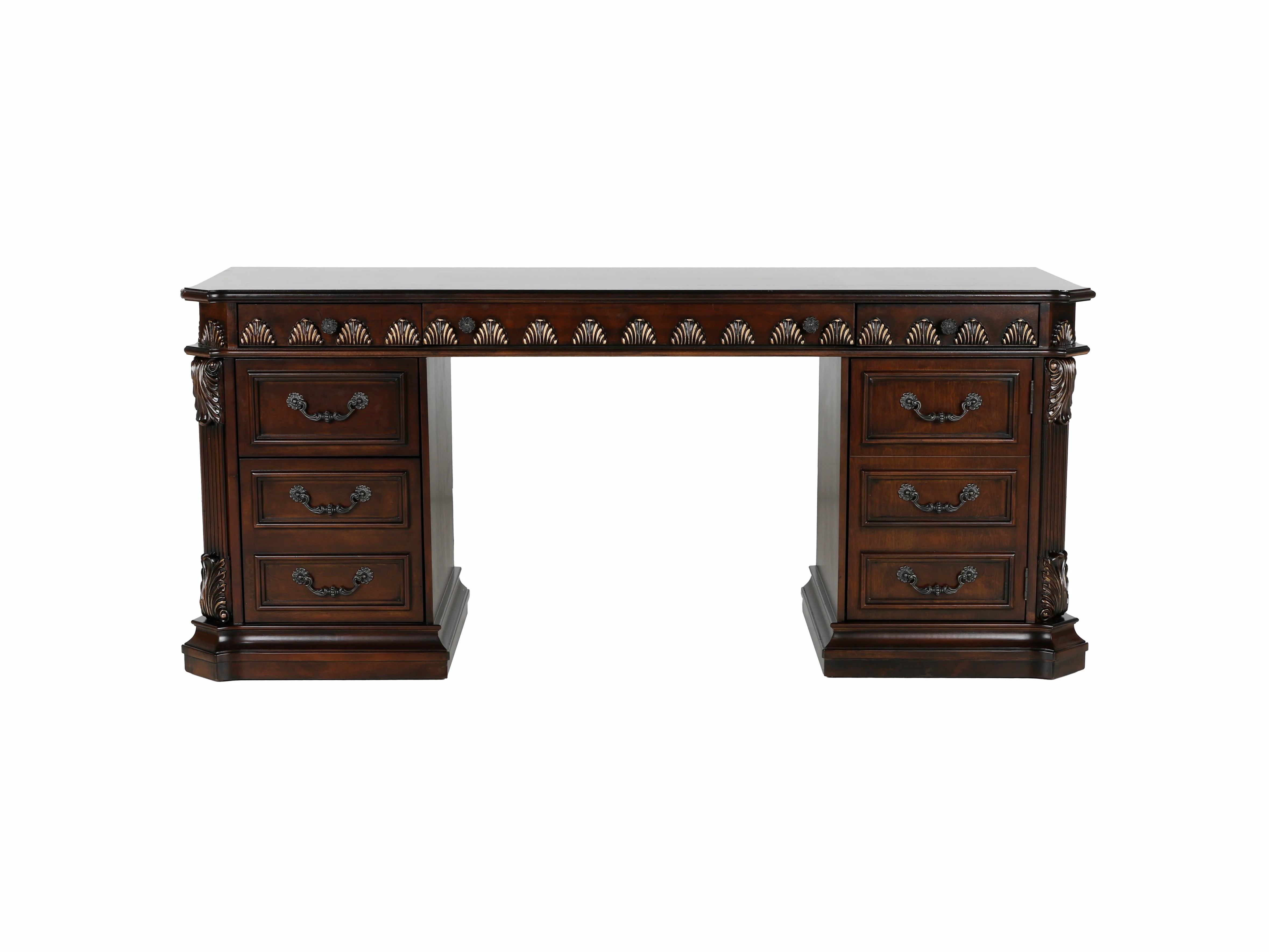 Traditional Executive Desk with Hutch and Glass Door Storage in Dark Brown