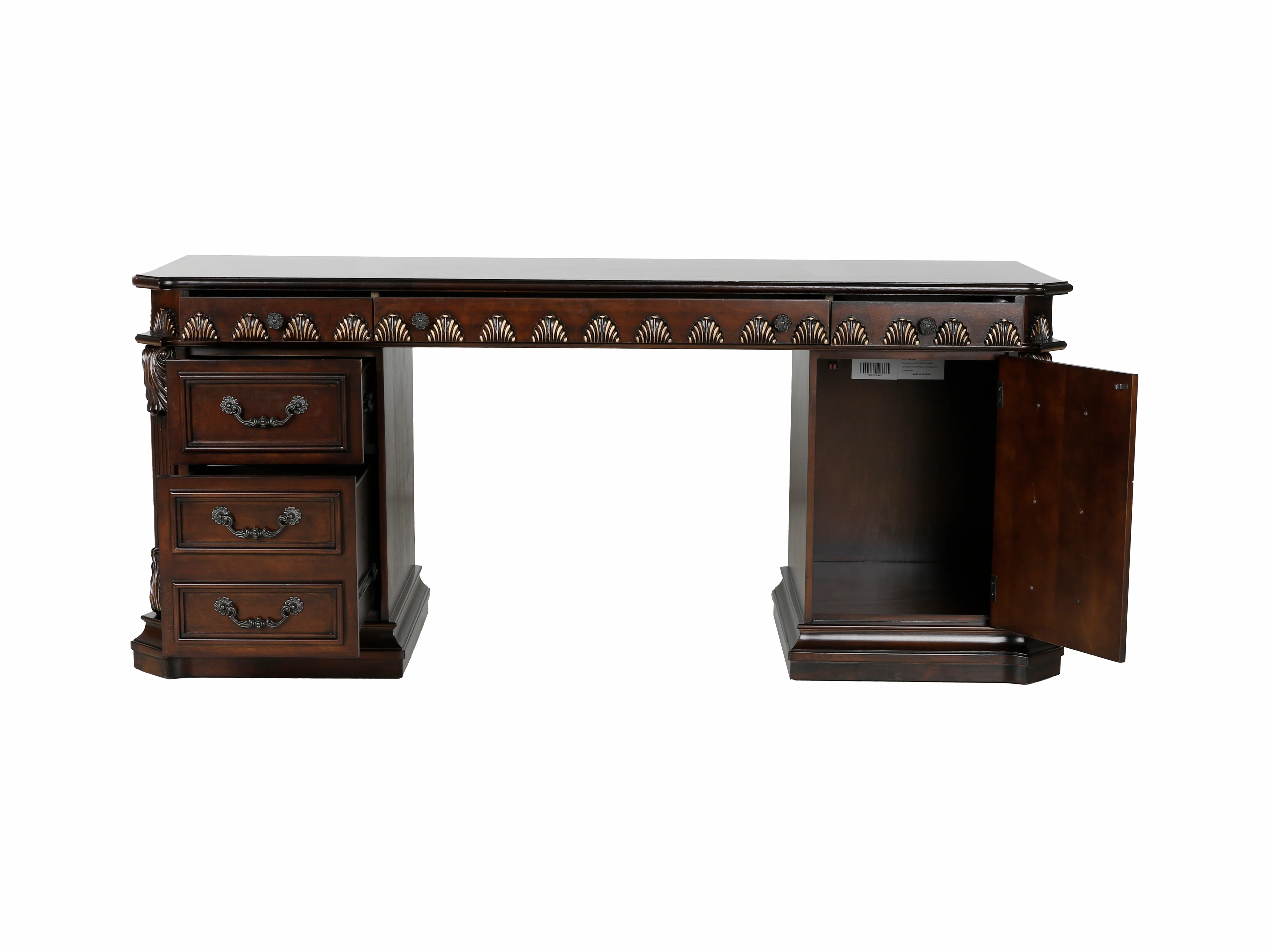 Traditional Executive Desk with Hutch and Glass Door Storage in Dark Brown