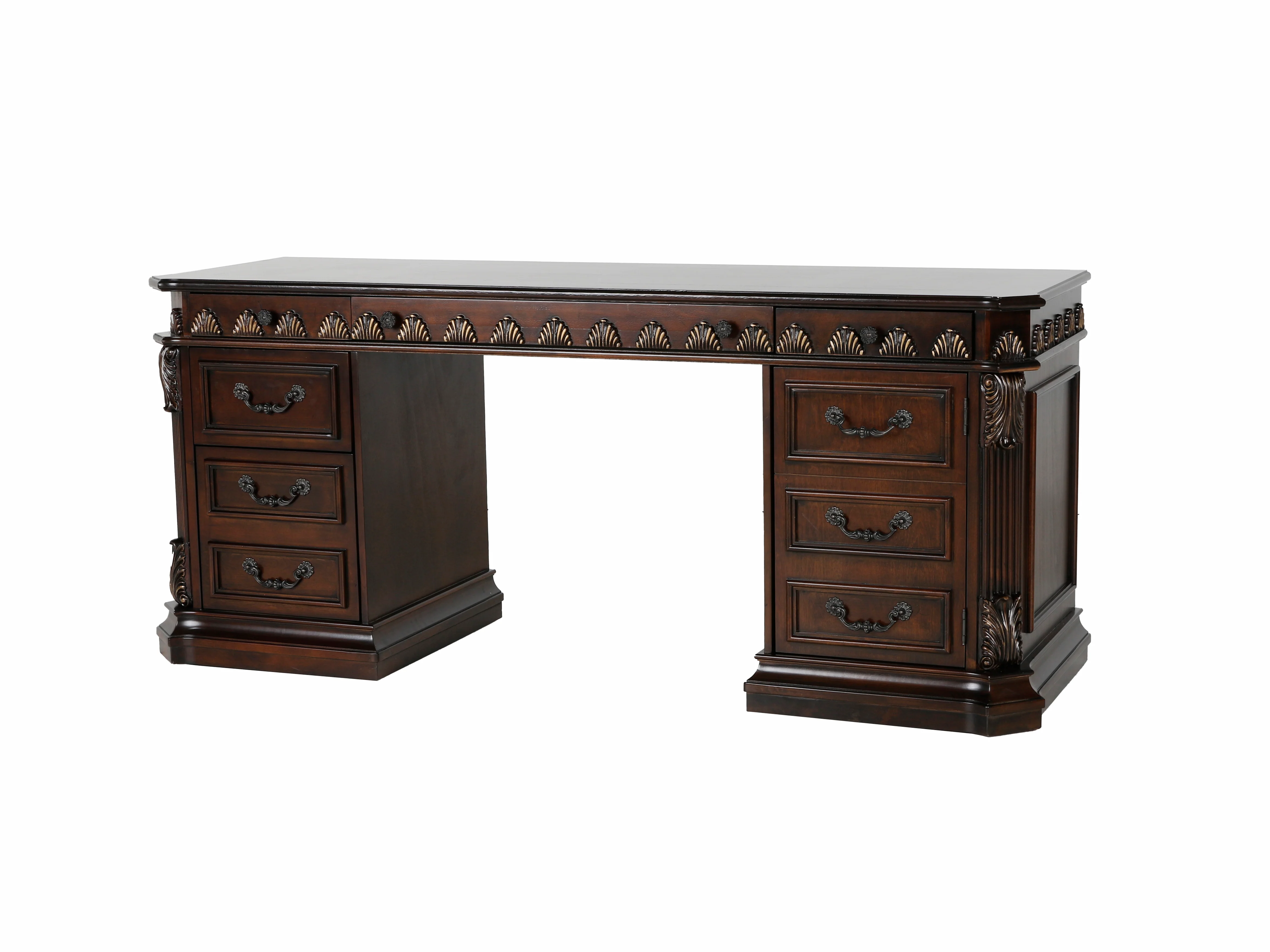 Traditional Executive Desk with Hutch and Glass Door Storage in Dark Brown