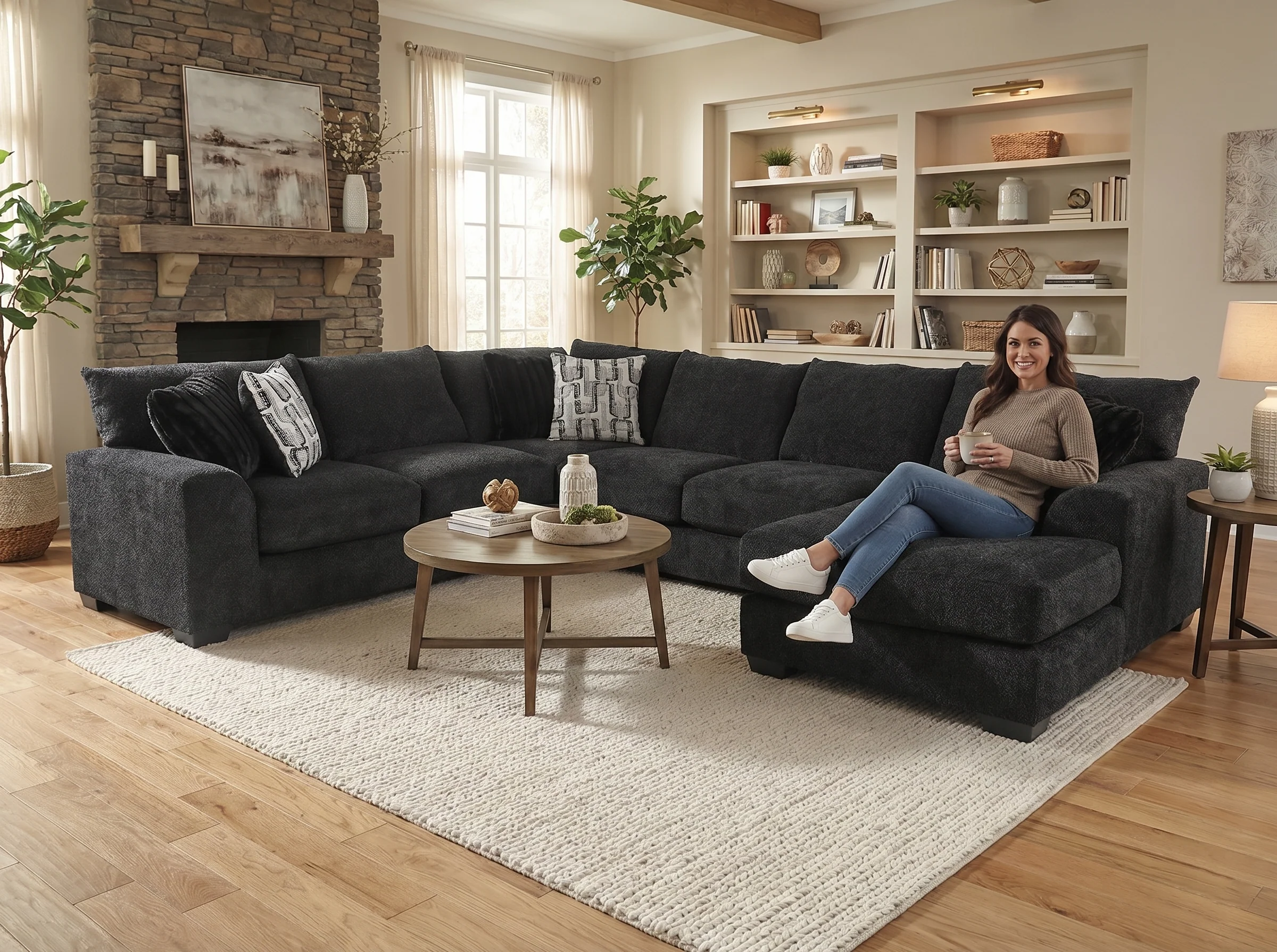 Black Midnight U-shaped 3 piece Sectional with Right-Arm Chaise