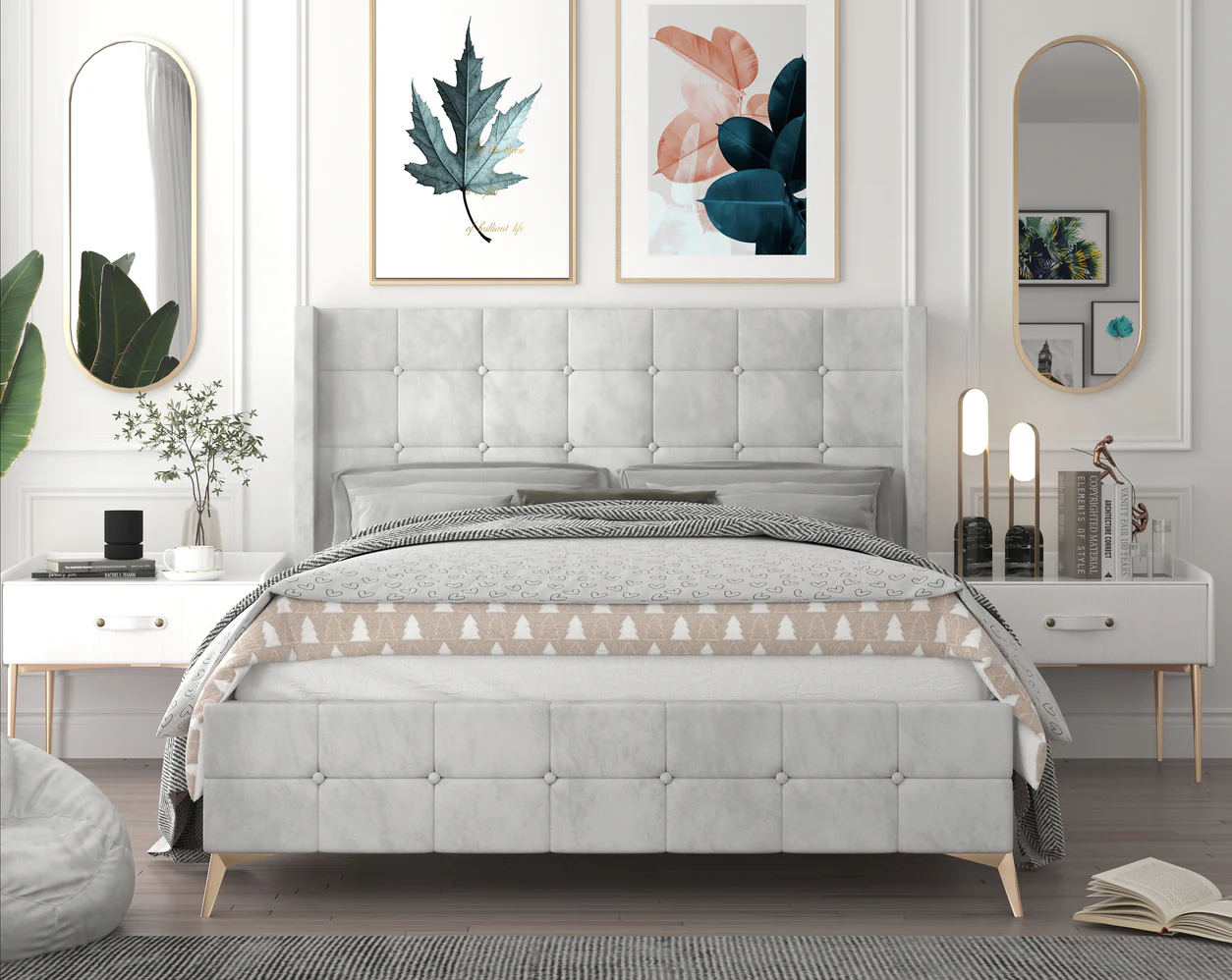 300-grey-velvet-button-tufted-panel-bed-1.webp Grey Velvet Button-Tufted Panel Bed