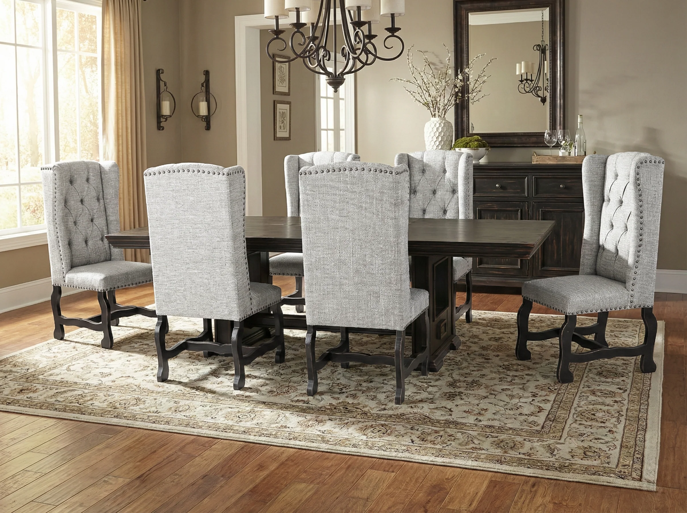 3002-traditional-dark-wood-dining-table-set-with-light-gray-tufted-nailhead-chairs-1.webp Traditional Dark Wood Dining Table Set with Light Gray Tufted Nailhead Chairs