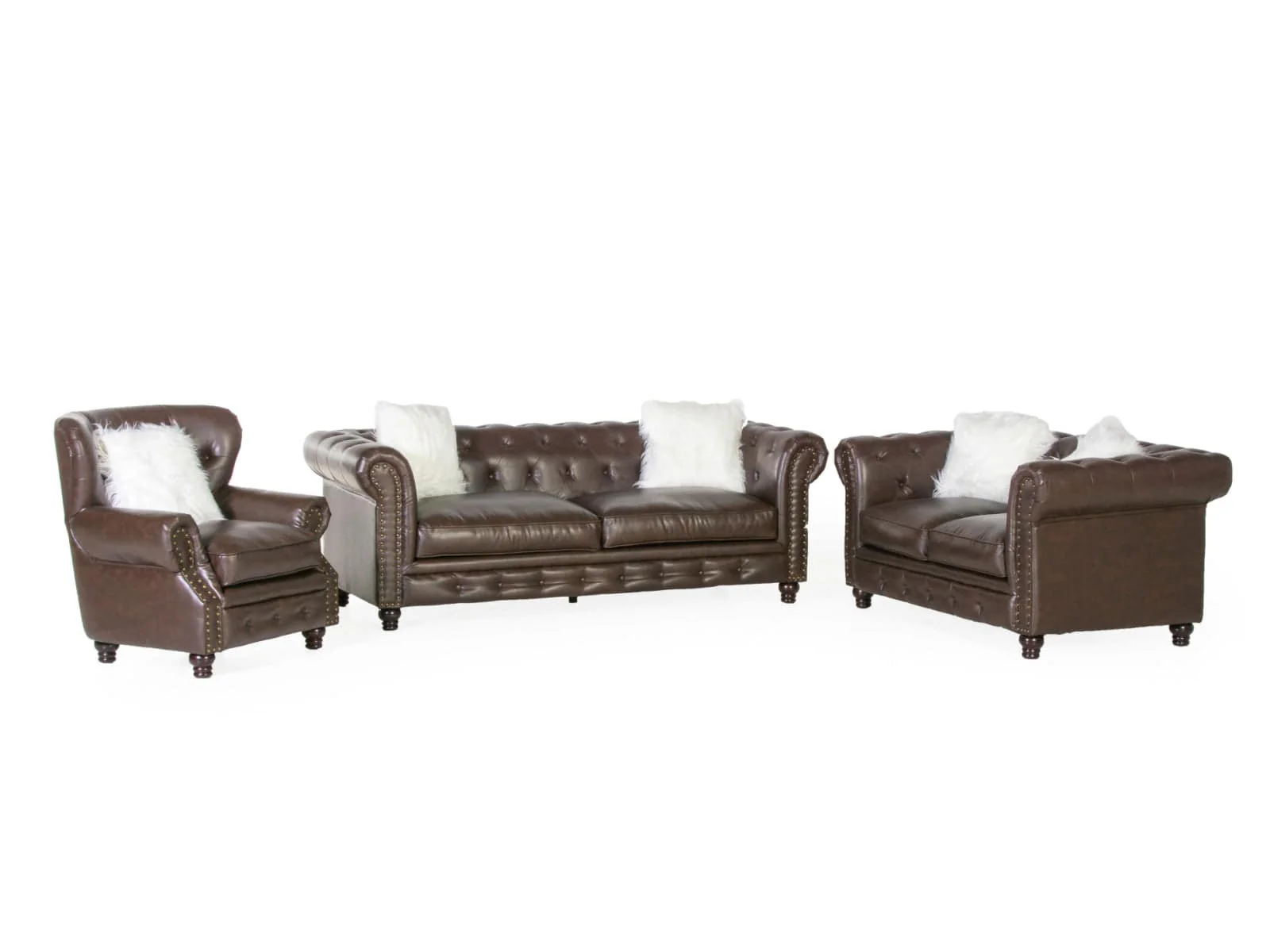 Brown Leather Chesterfield 3-Piece Living Room Set (Sofa, Loveseat & Chair)