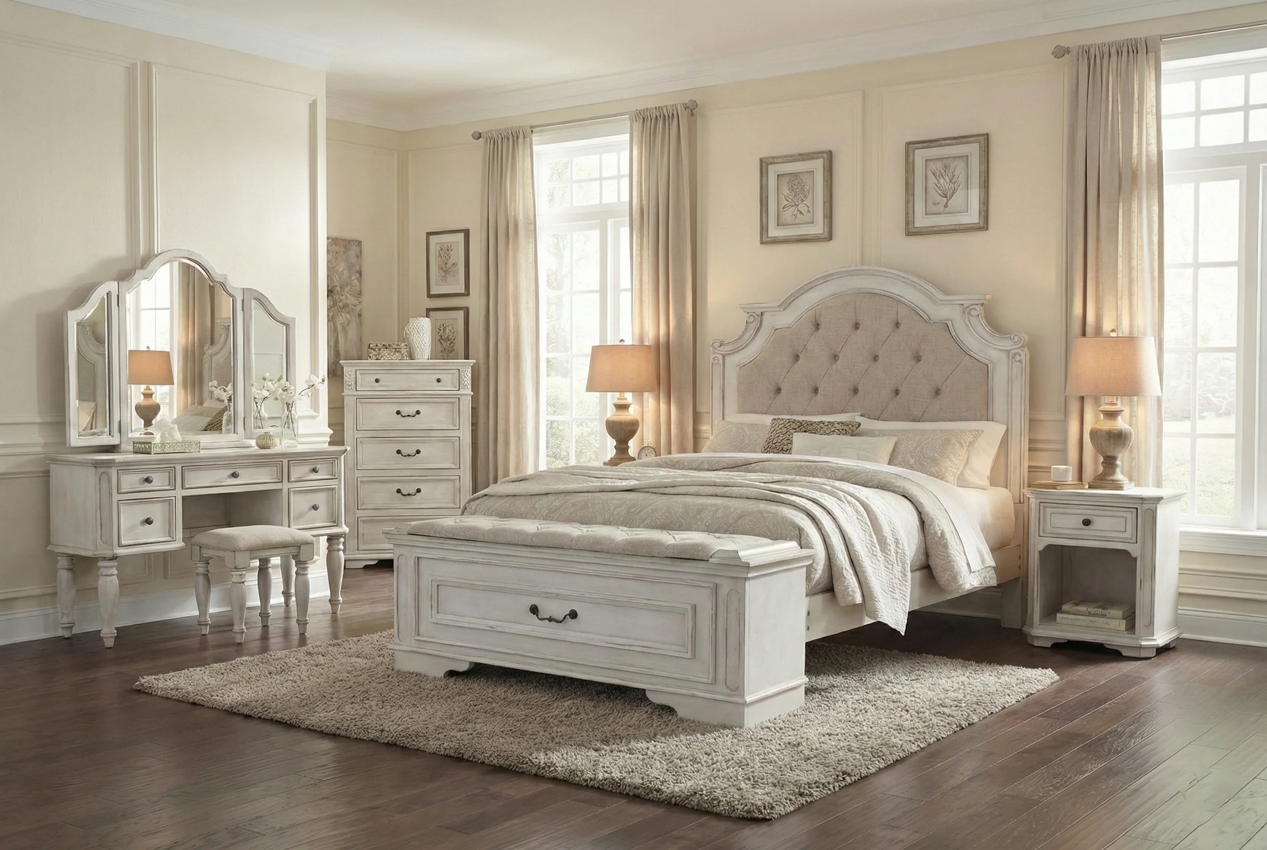 Magnolia 7-Piece Farmhouse Storage Bedroom Set with Vanity Set & Nightstand – Savanna White