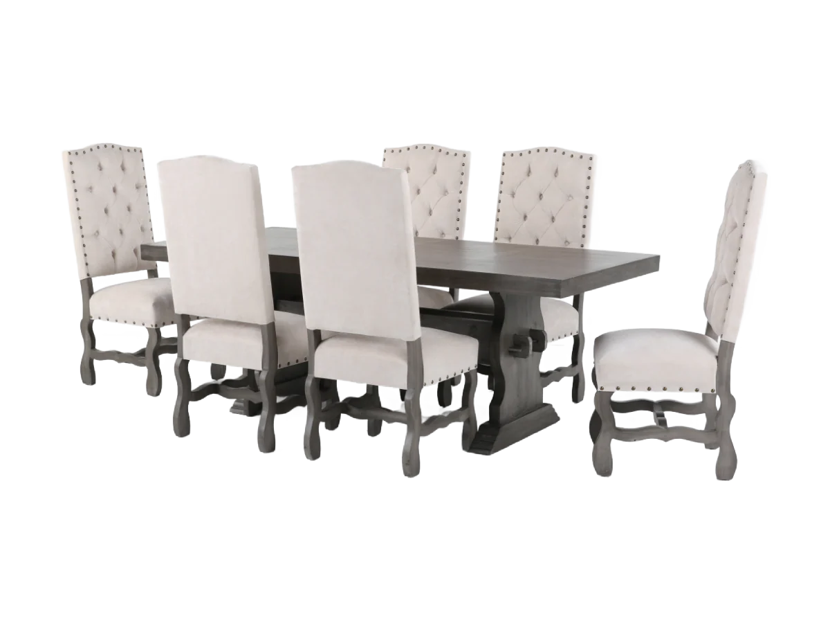 7-Piece Trestle Dining Set with Tufted High-Back Chairs (Gray/Ivory)