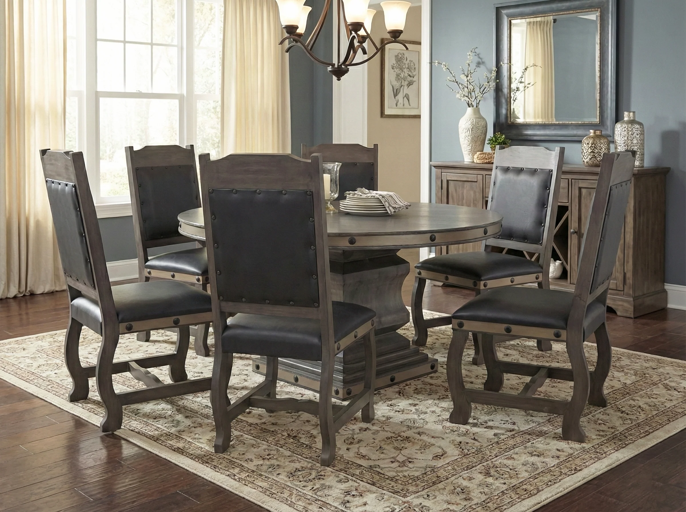 7-Piece Round Rustic Dining Set with Rivet-Trim Chairs (Gray/Charcoal)