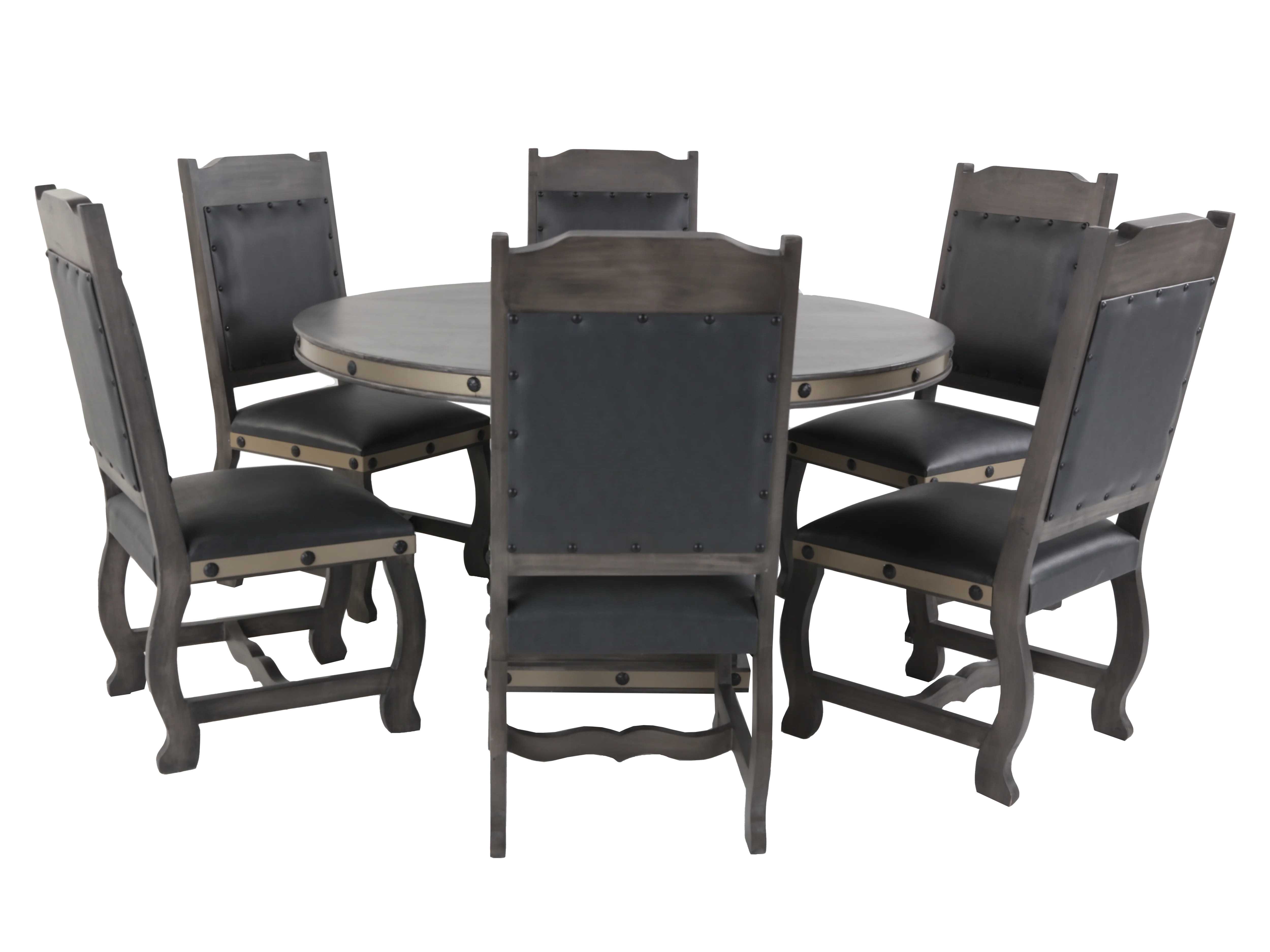 7-Piece Round Rustic Dining Set with Rivet-Trim Chairs (Gray/Charcoal)