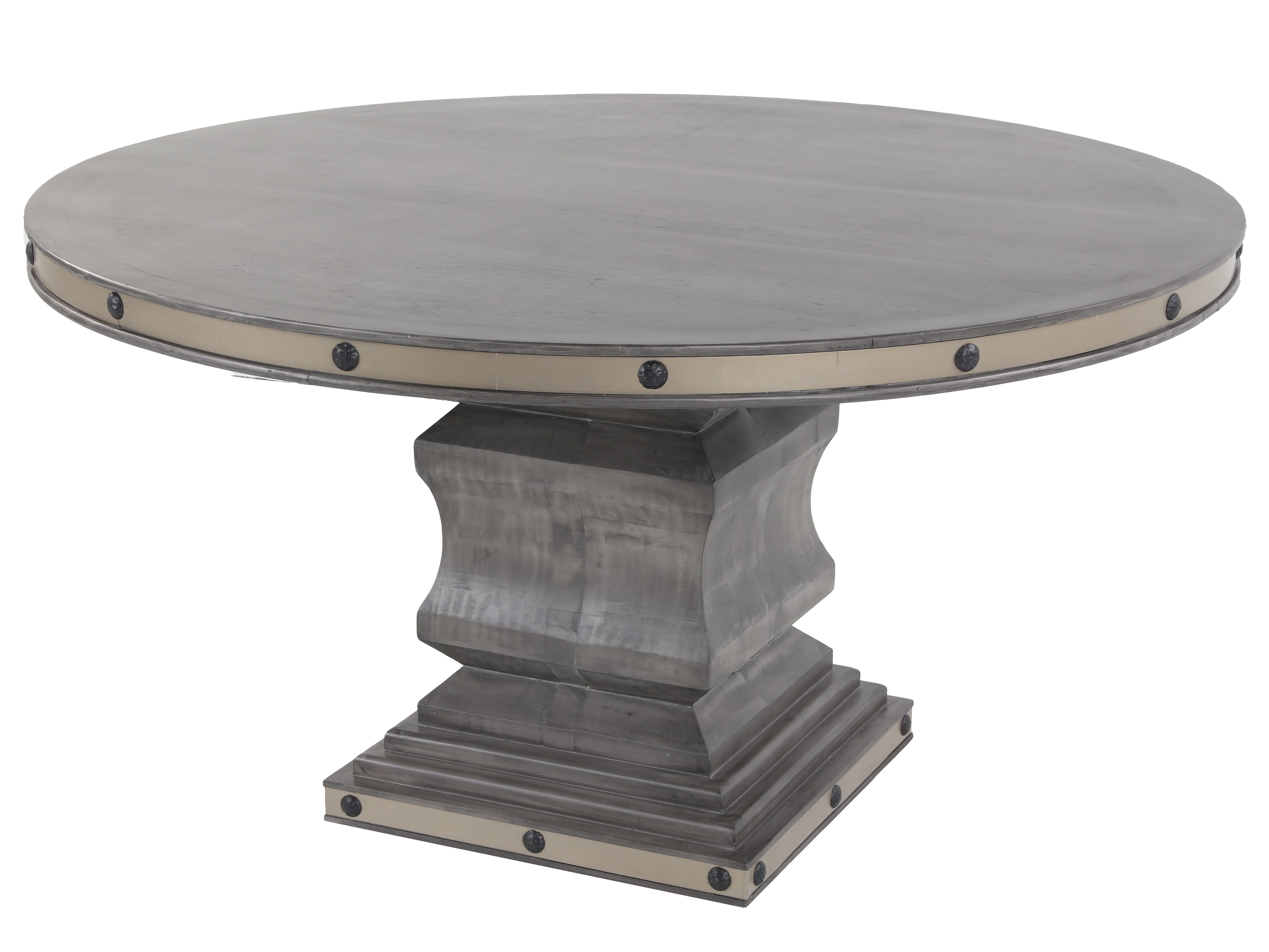 7-Piece Round Rustic Dining Set with Rivet-Trim Chairs (Gray/Charcoal)