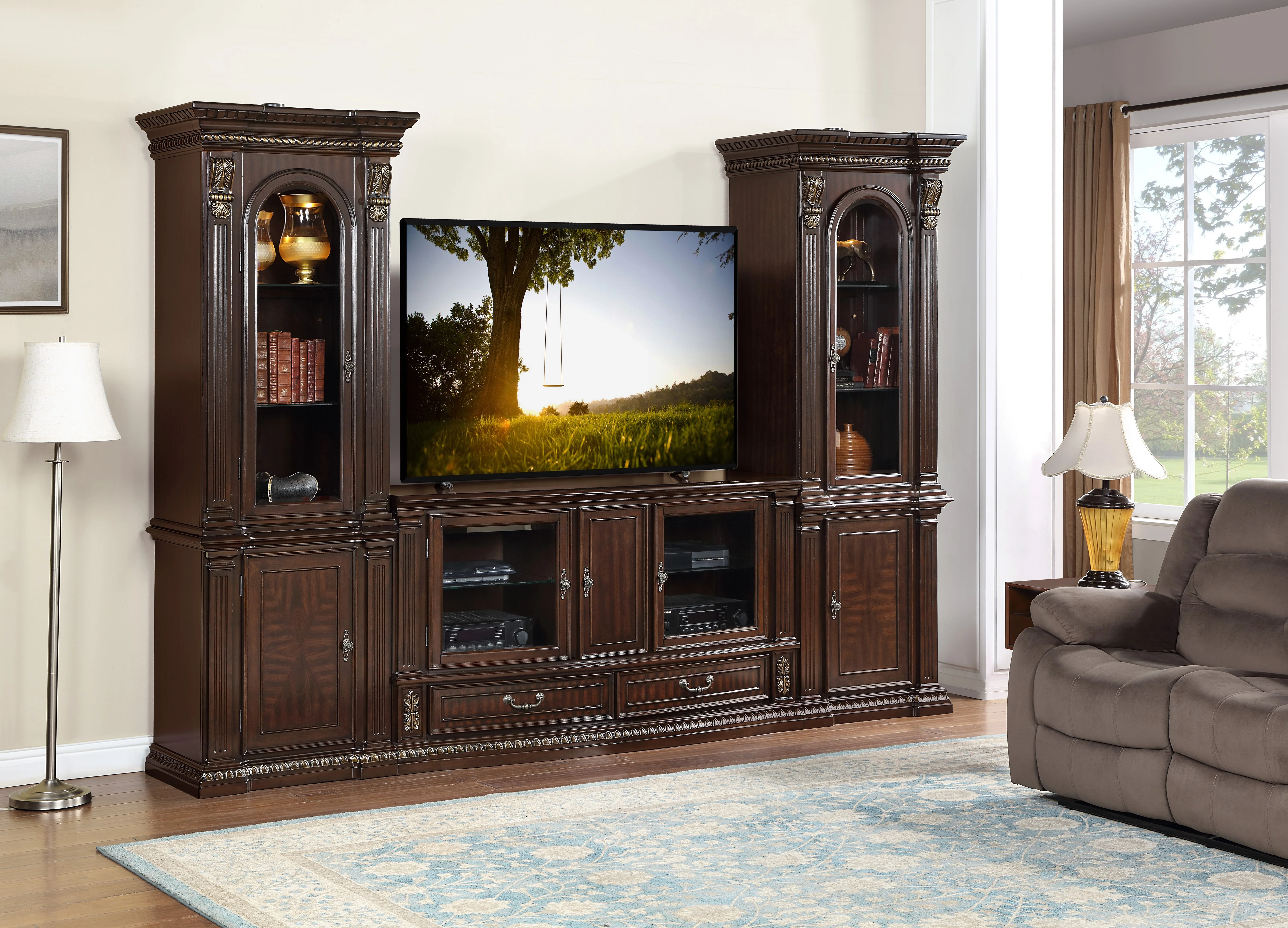 3018-traditional-dark-cherry-entertainment-center-with-lighted-piers-1.webp Traditional Dark Cherry Entertainment Center with Lighted Piers