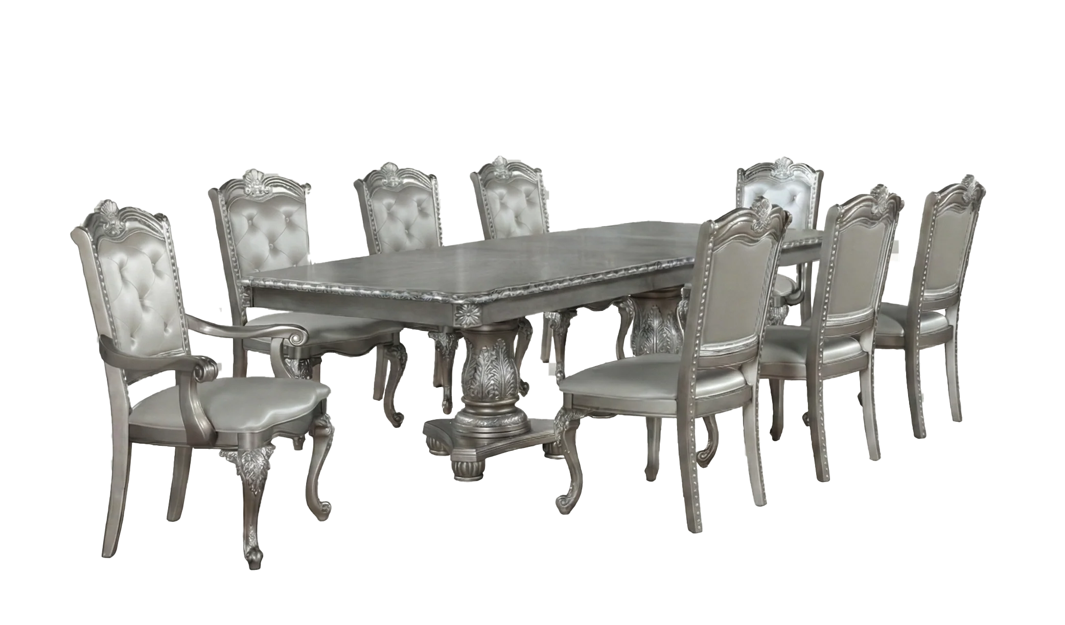 Grey Glam 9-Piece Double Pedestal Dining Set with Tufted Chairs