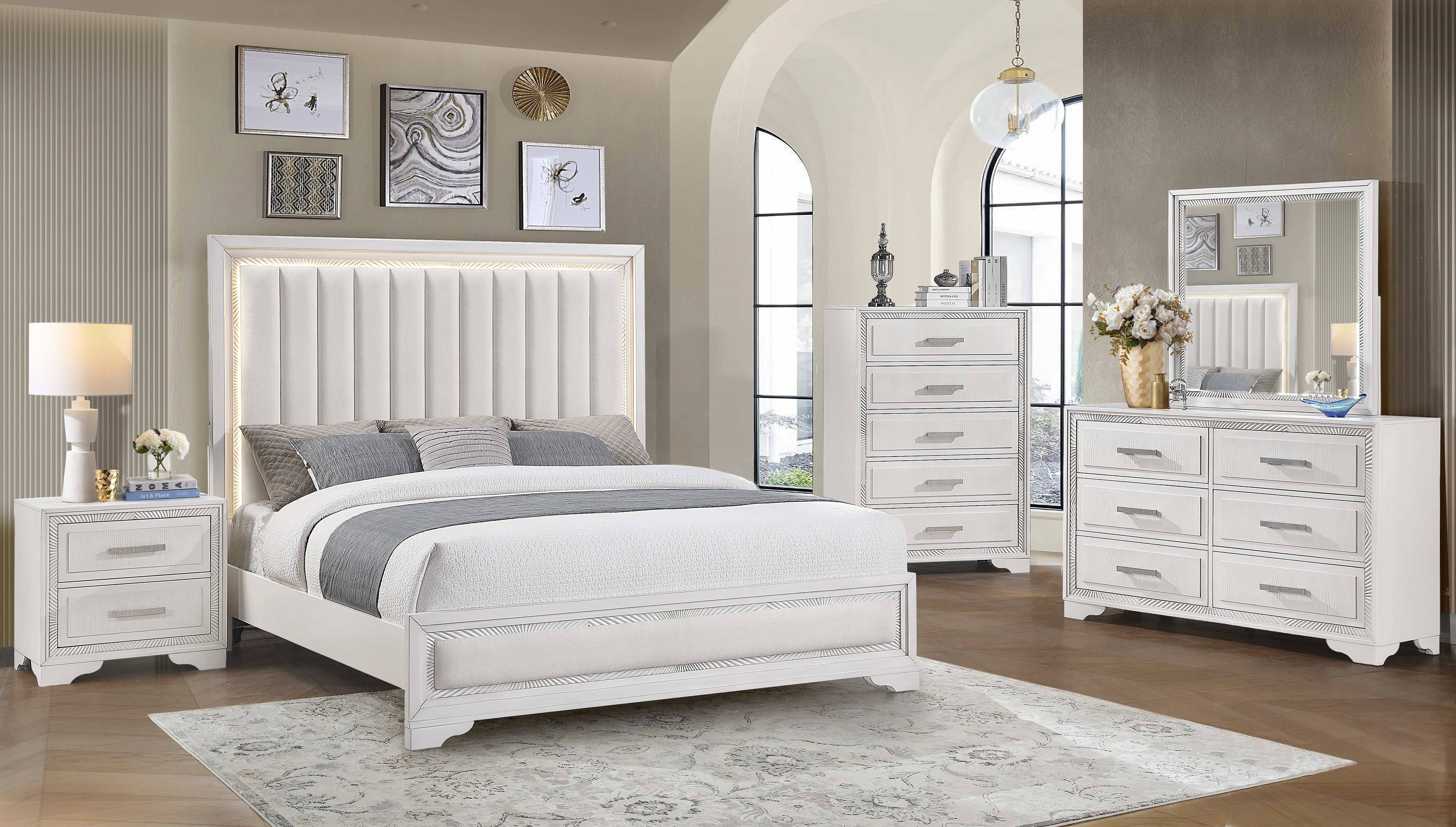 3026-white-contemporary-glam-6-piece-bedroom-set-w-led-upholstered-channel-headboard-1.webp White Contemporary Glam 6-Piece Bedroom Set w/ LED Upholstered Channel Headboard