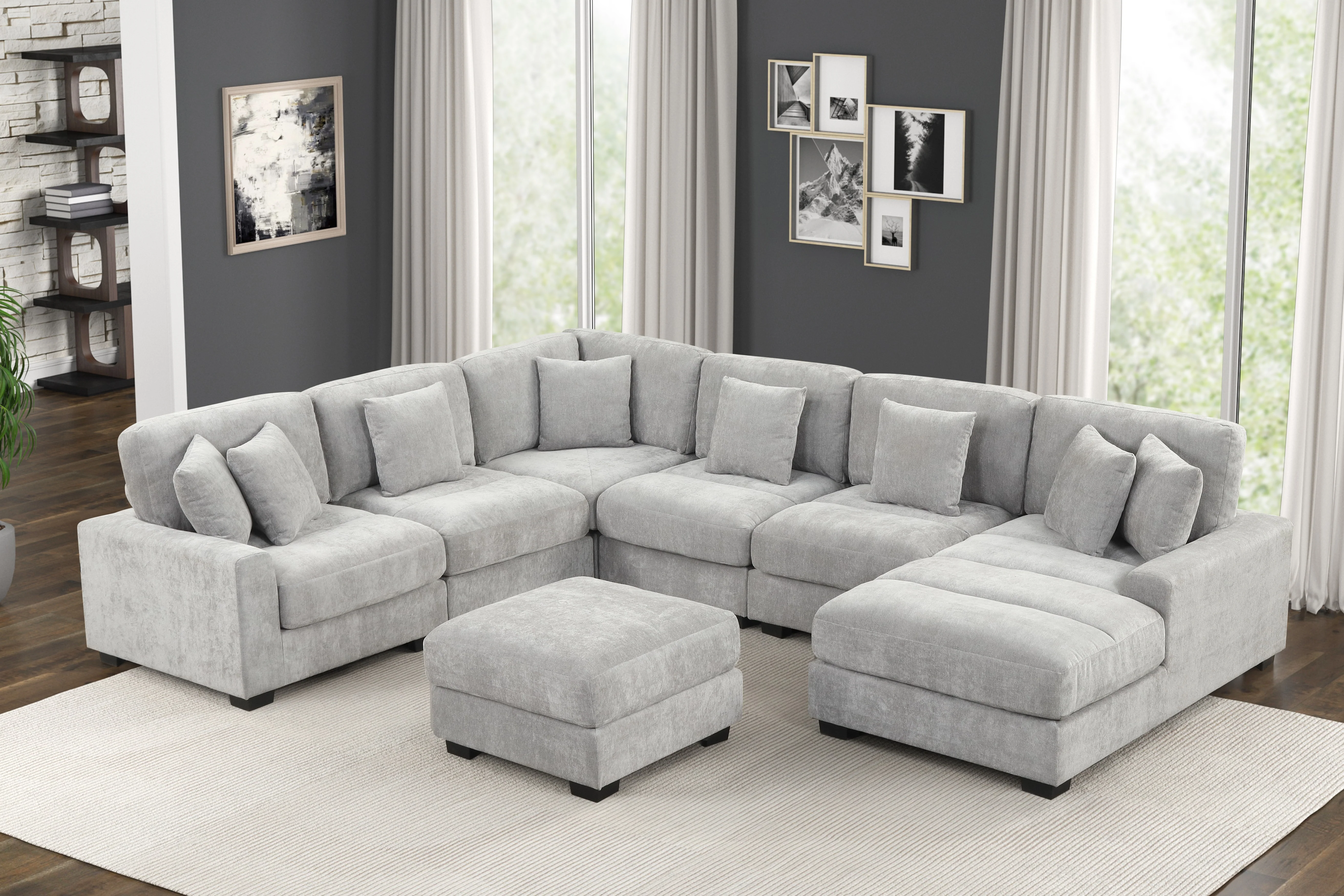 5-Piece Modern Grey Chenille Modular Sectional with Chaise & Ottoman