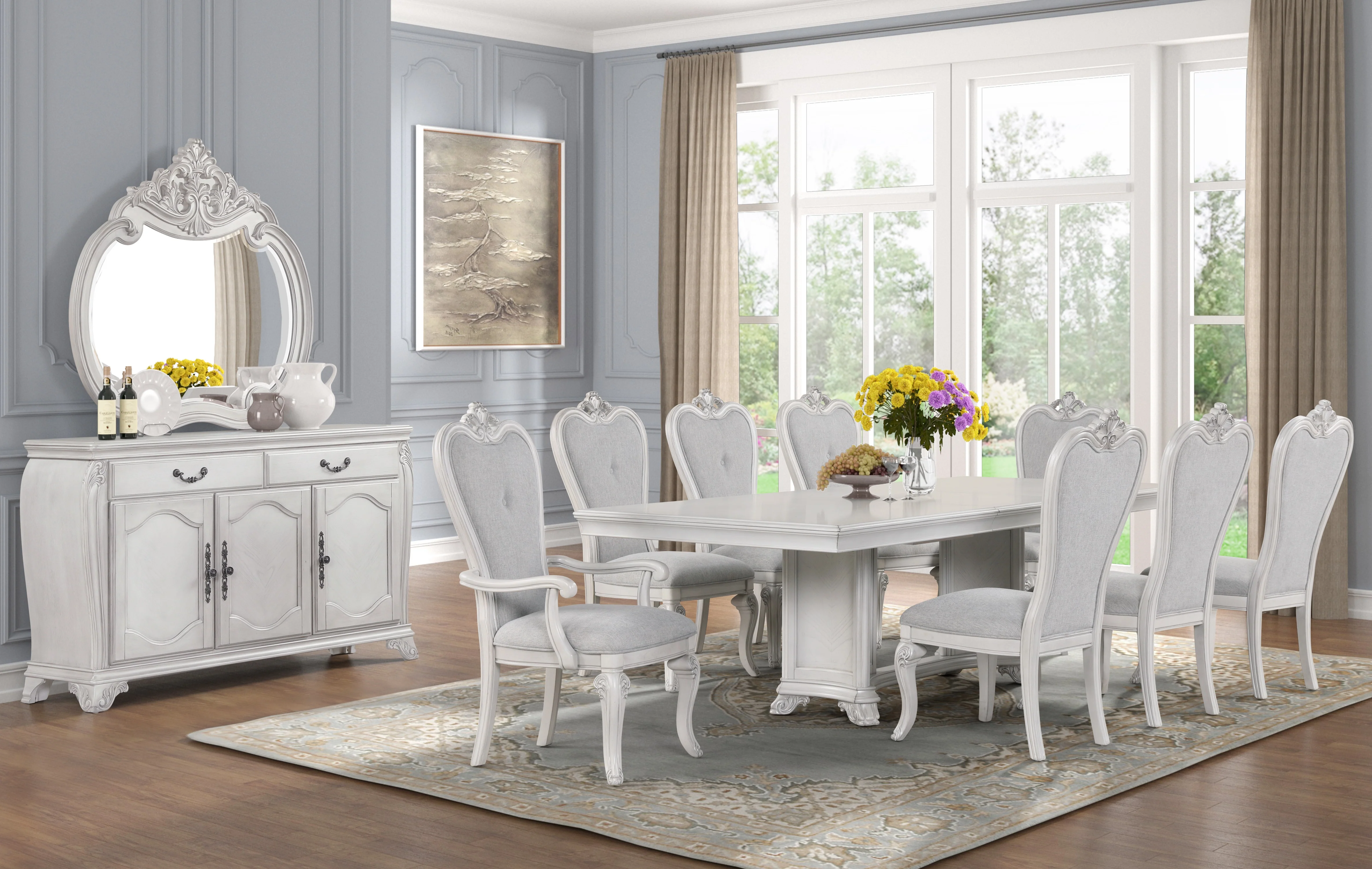Antique White 9-Piece Traditional Dining Room Set with 6 Side Chairs & 2 Armchairs