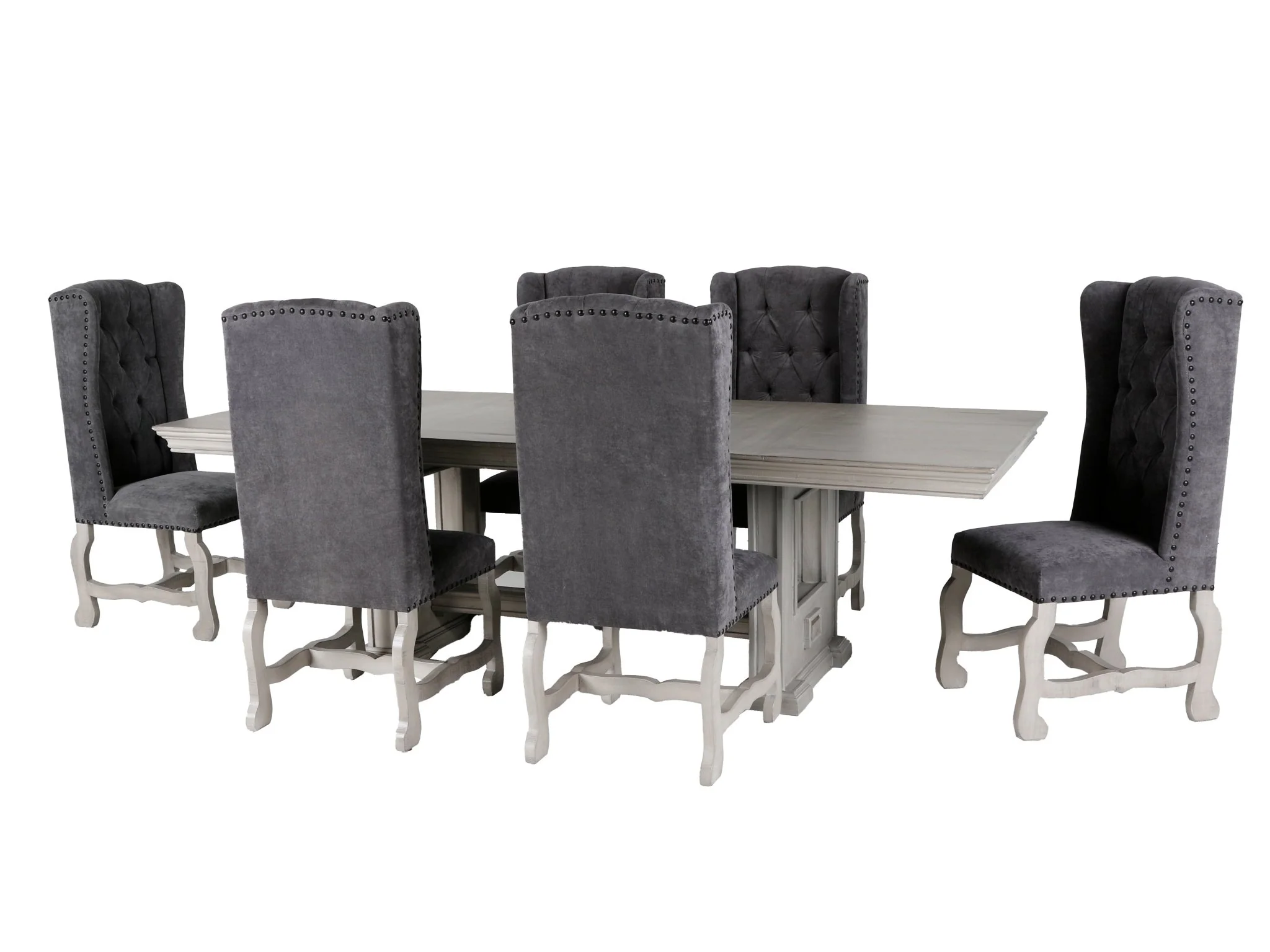 Aspen Grey 7-Piece Solid Wood Dining Room Set with Tufted Wingback Chairs