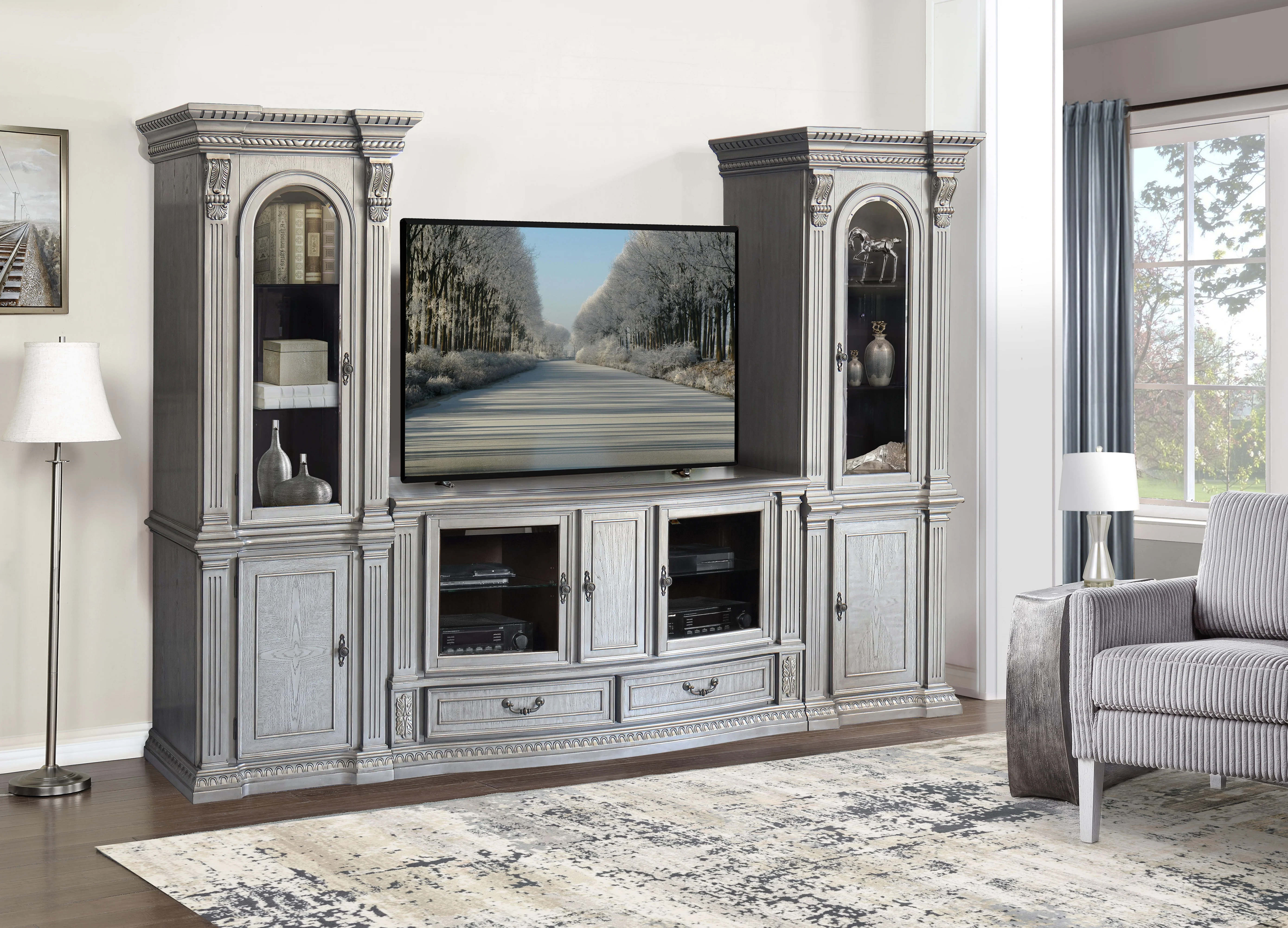 Antique Gray Traditional Entertainment Center with Lighted Piers