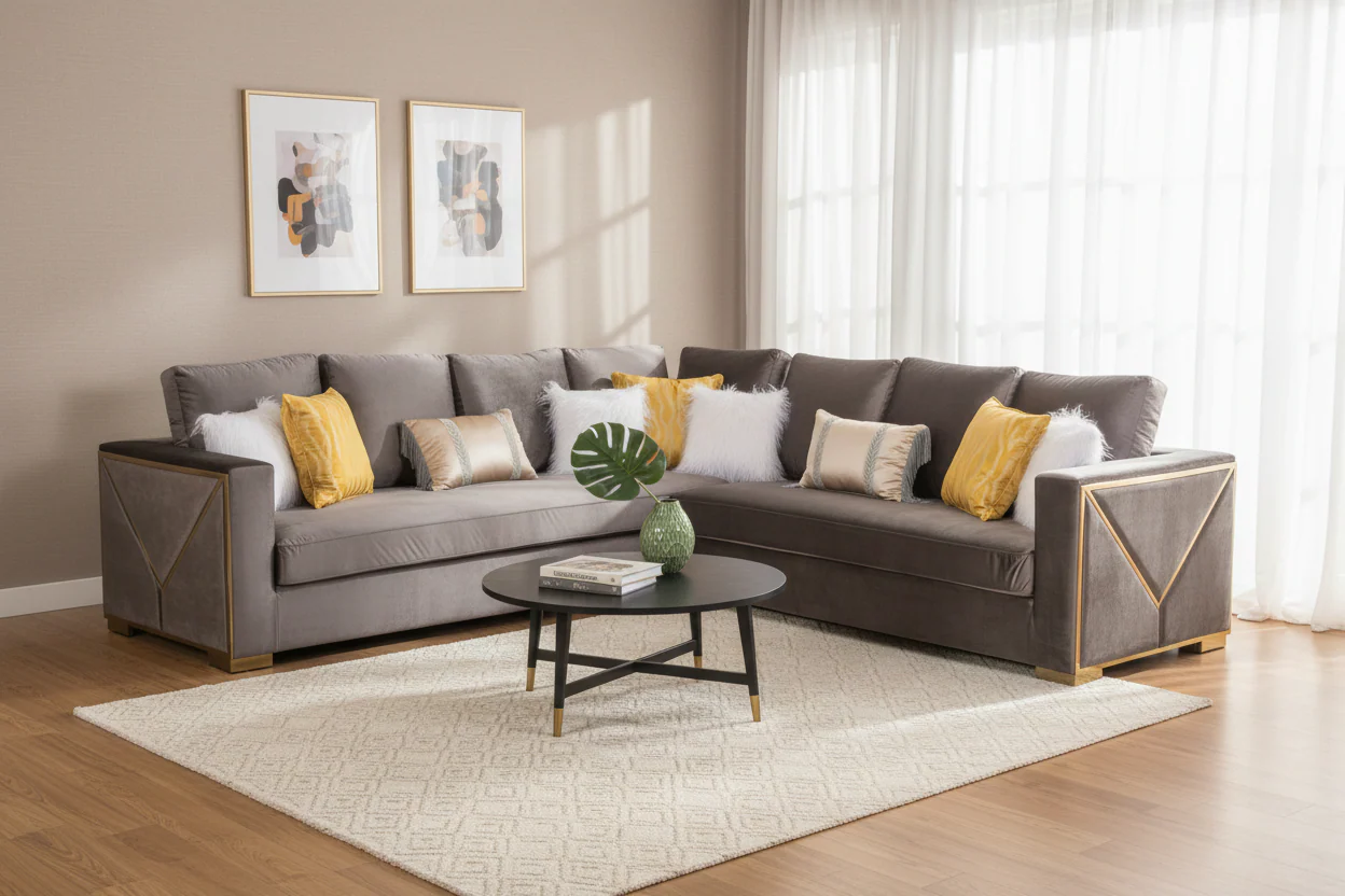 Brown Velvet Sectional Sofa with Gold Trim & Accent Pillows