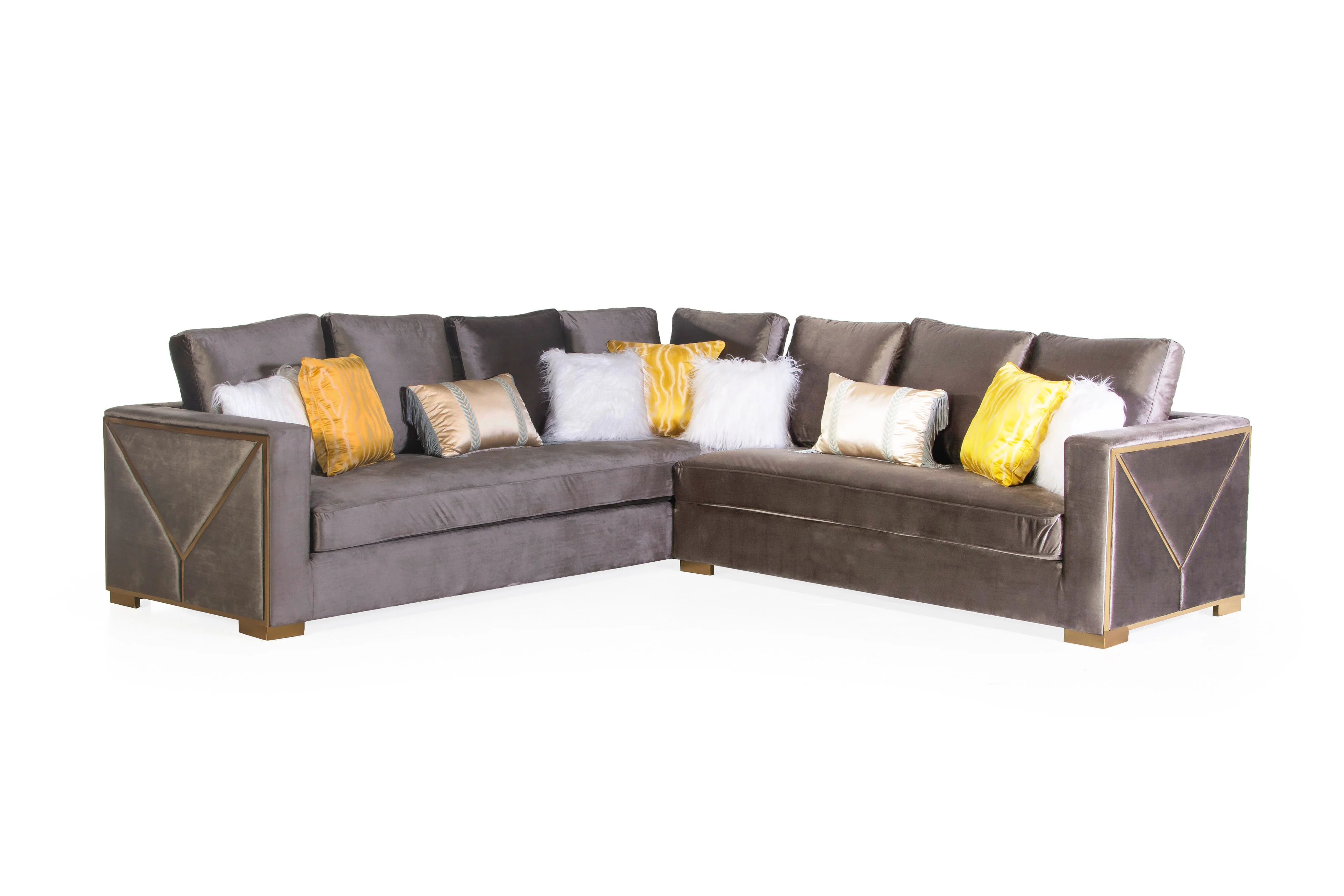 Brown Velvet Sectional Sofa with Gold Trim & Accent Pillows