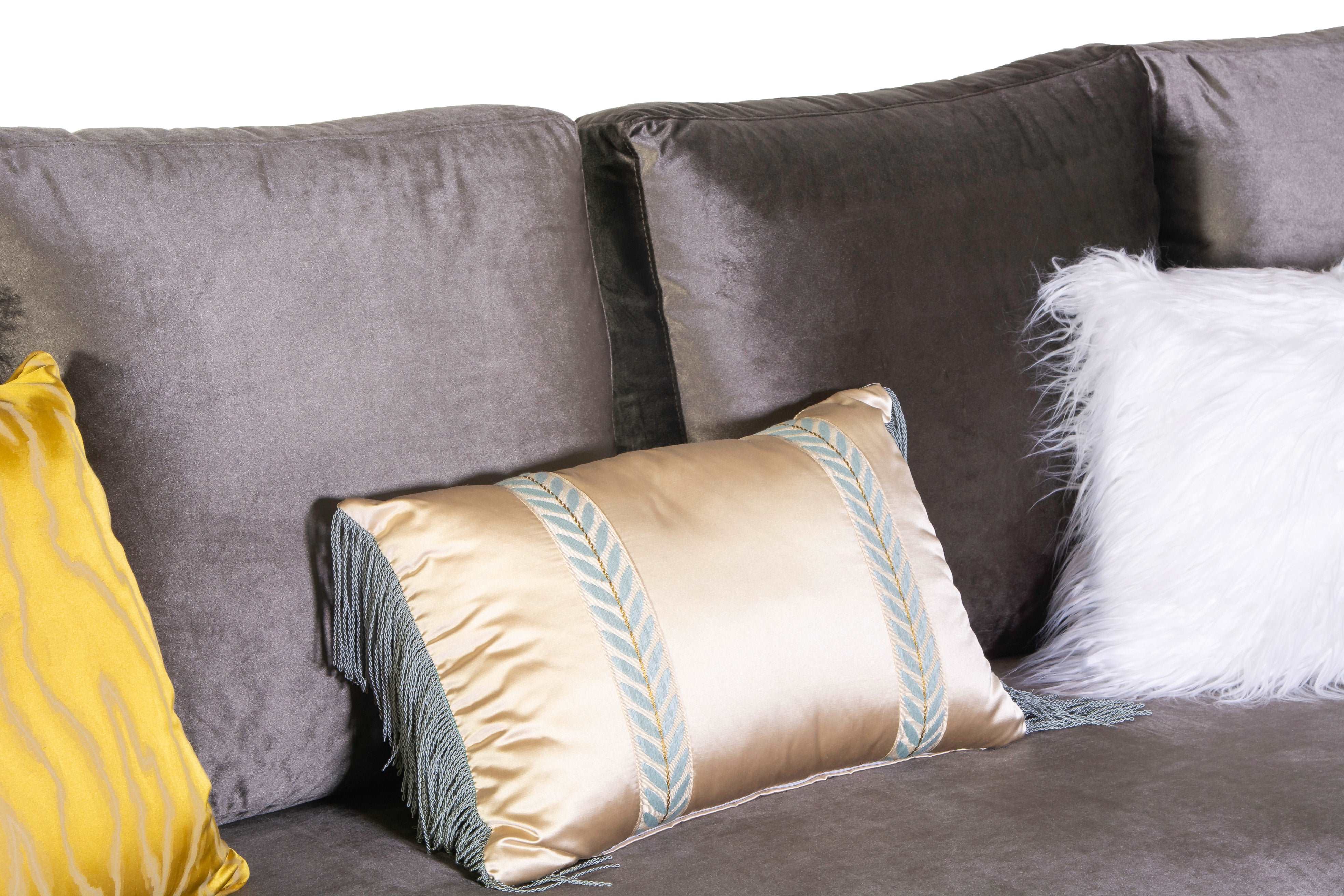 Brown Velvet Sectional Sofa with Gold Trim & Accent Pillows