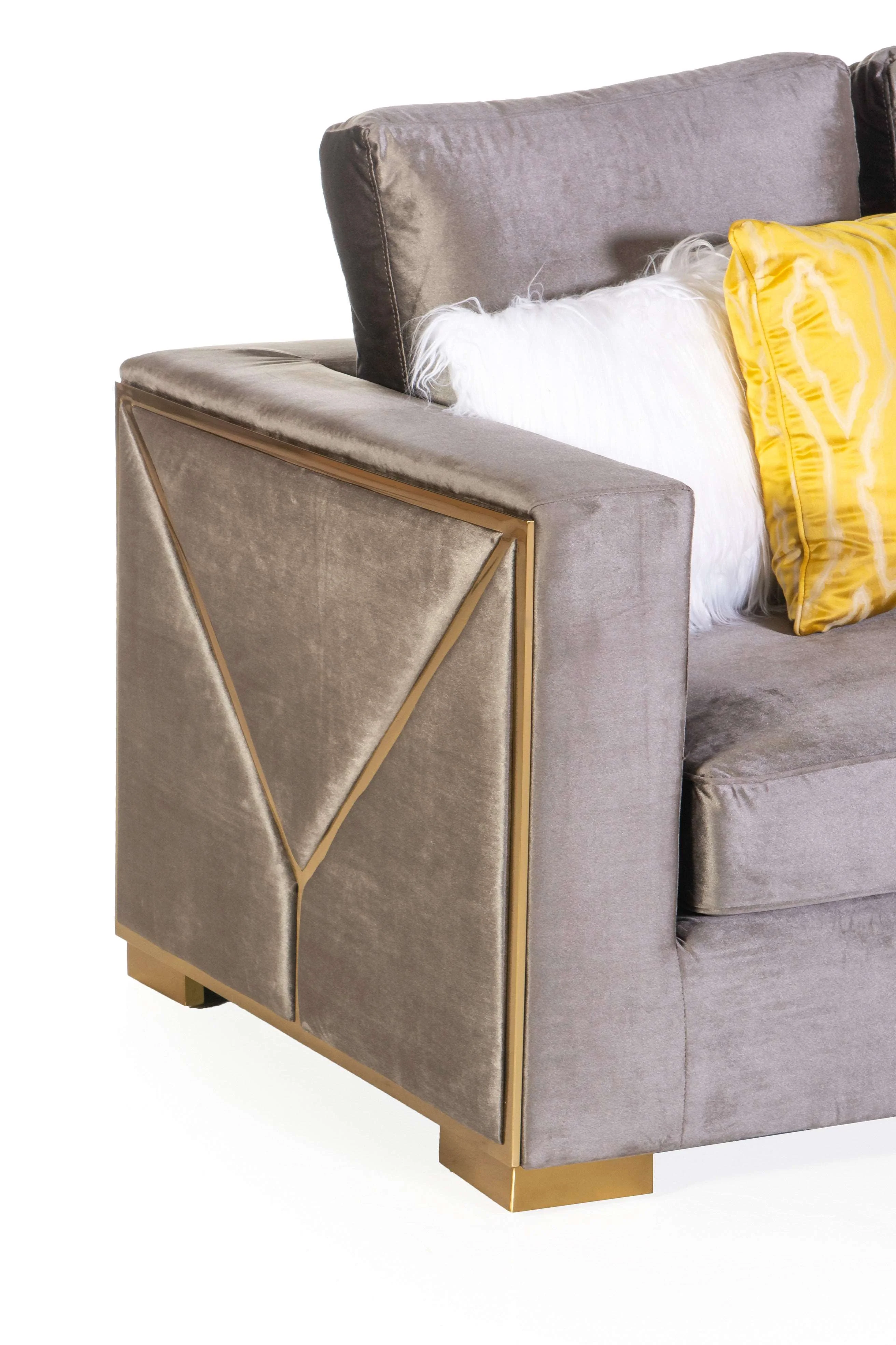 Brown Velvet Sectional Sofa with Gold Trim & Accent Pillows