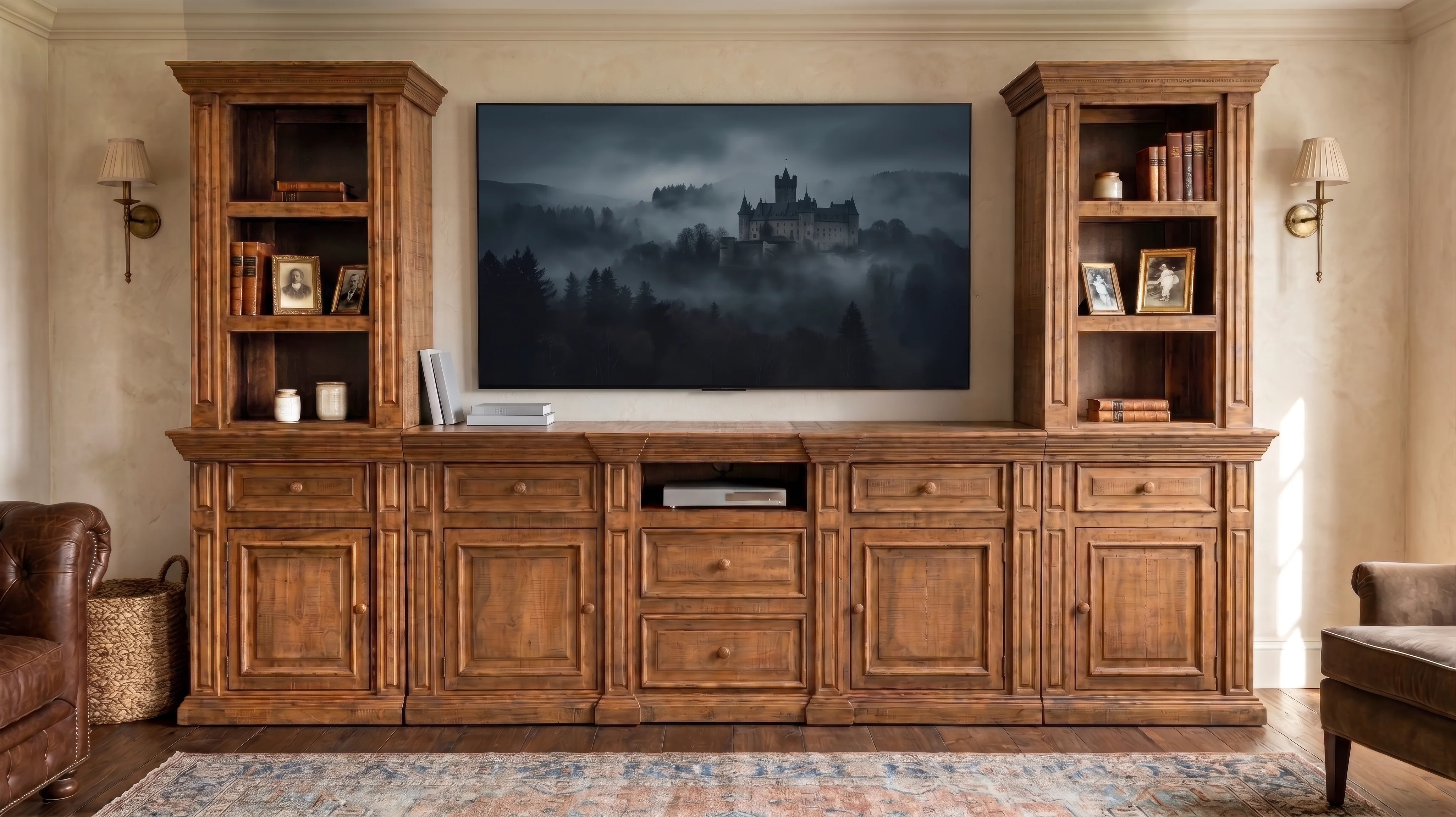 Rustic Brown 3-Piece Entertainment Wall Unit with Bookcase Piers & Storage Console