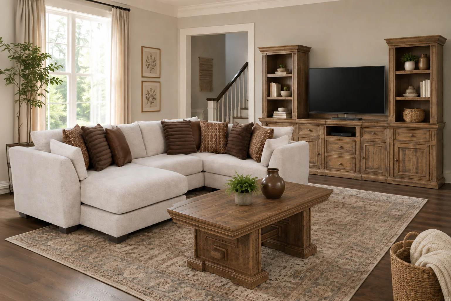 Rustic Brown 3-Piece Entertainment Wall Unit with Bookcase Piers & Storage Console