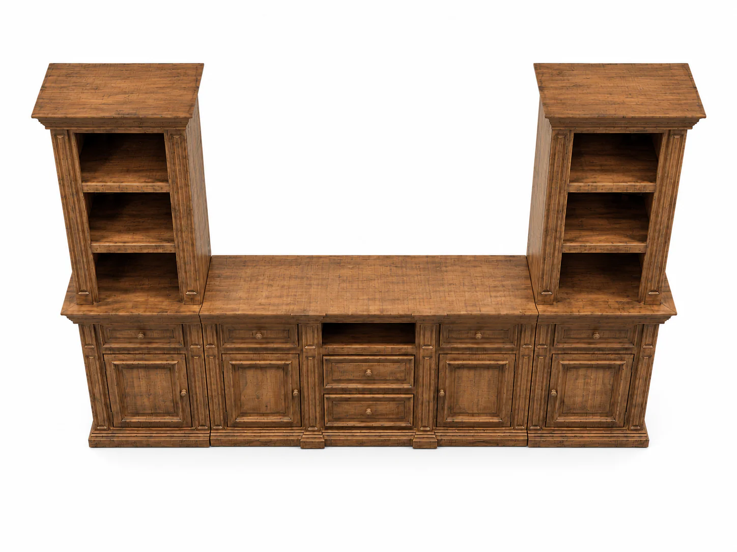 Rustic Brown 3-Piece Entertainment Wall Unit with Bookcase Piers & Storage Console