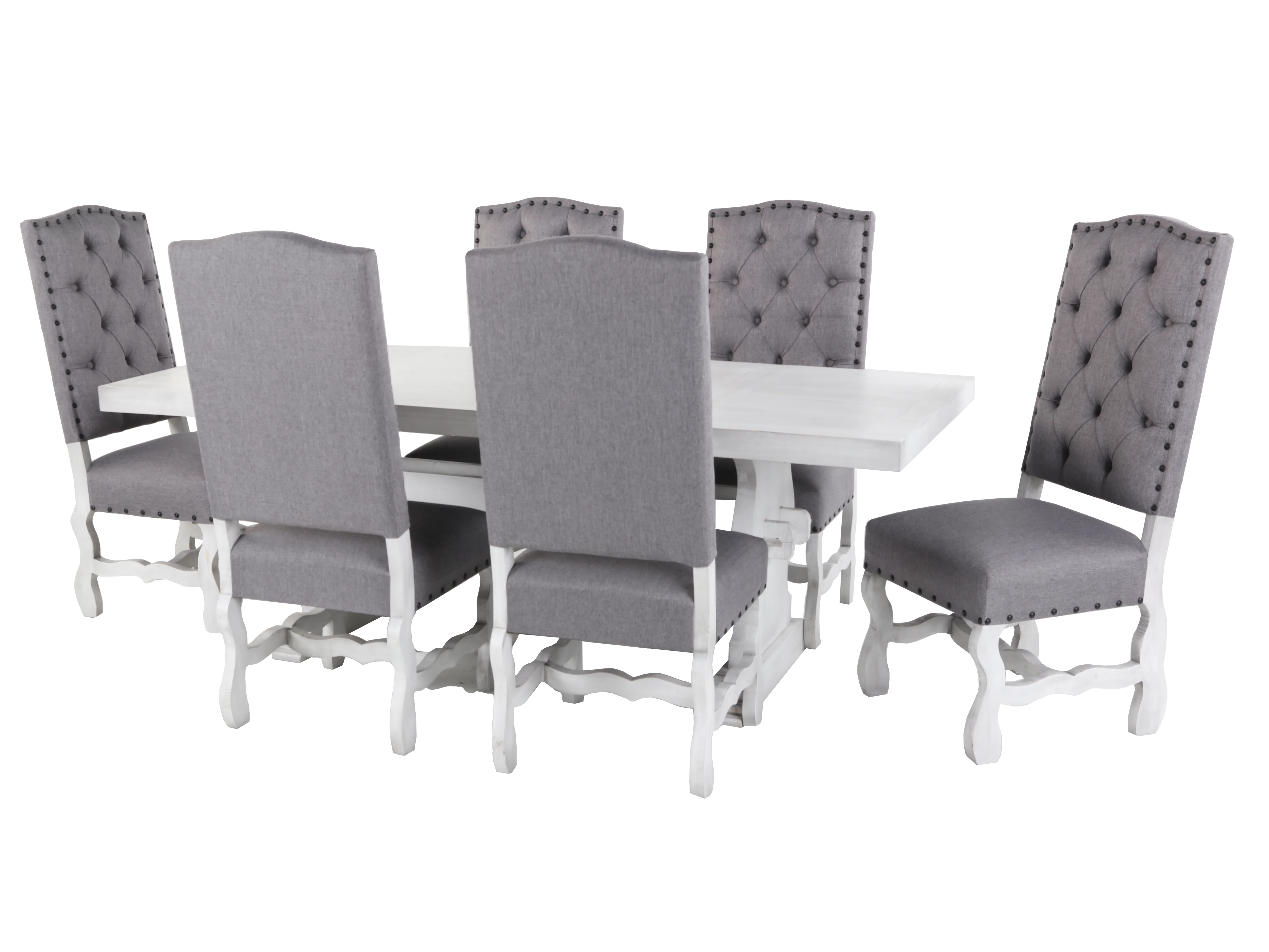 3057-7-piece-white-trestle-dining-set-with-6-tufted-high-back-chairs-gray-2.webp 7-Piece White Trestle Dining Set with 6 Tufted High-Back Chairs (Gray)