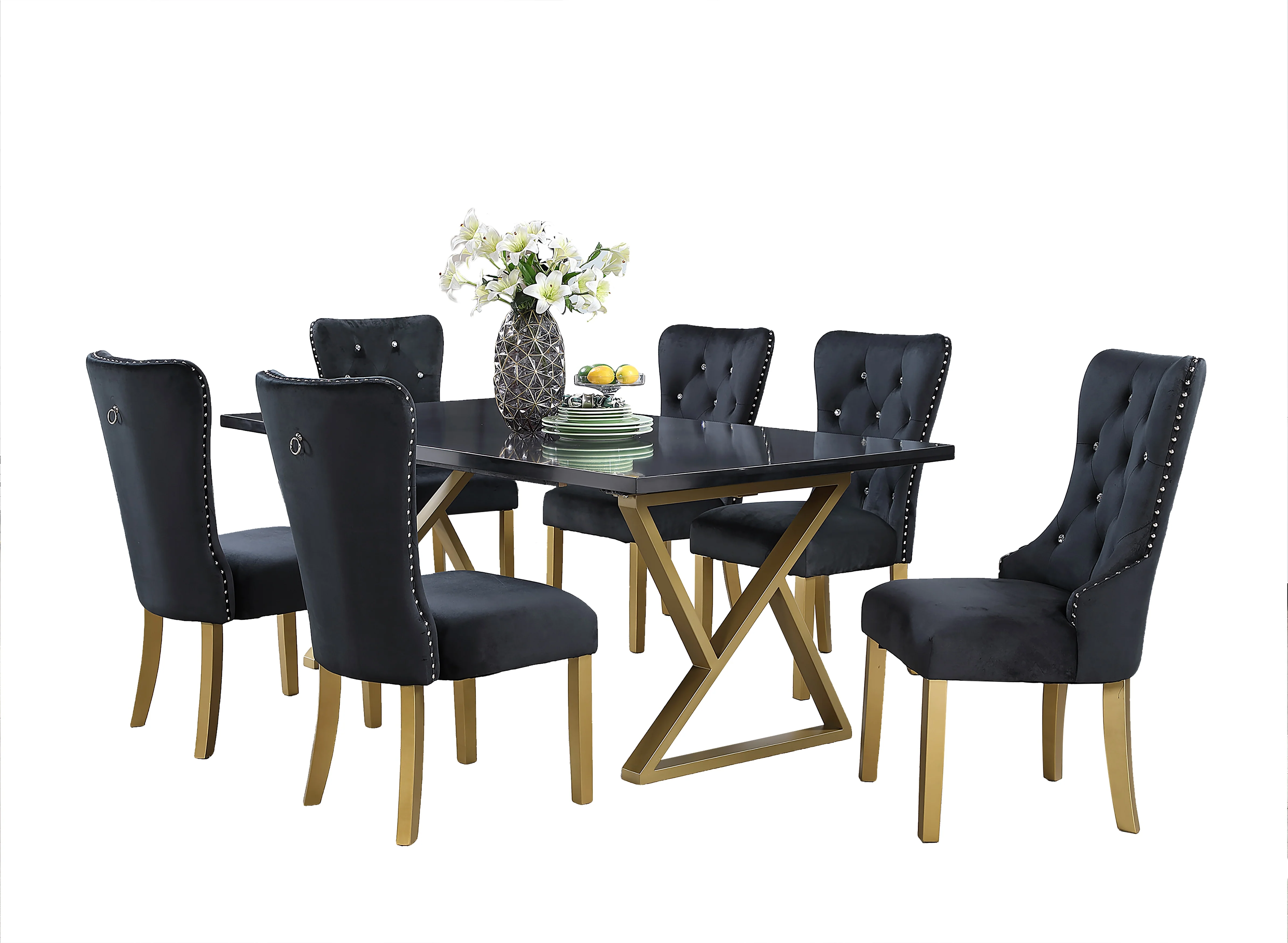7 Piece Black Marble Dining Set with Steel Base and Velvet Chairs