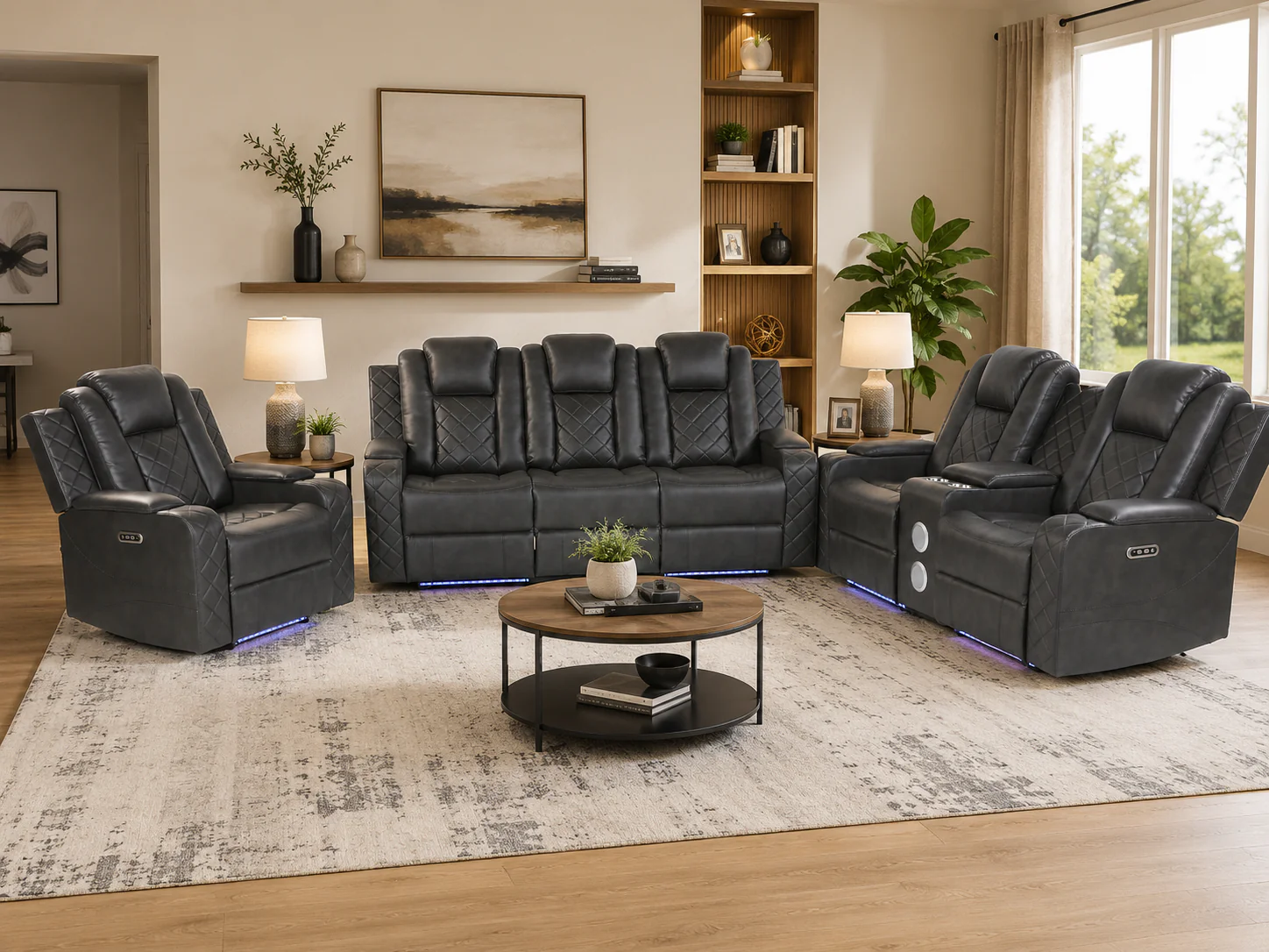 3-Piece Gray Power Reclining Living Room Set w/ Power Headrests, LED, USB & Bluetooth