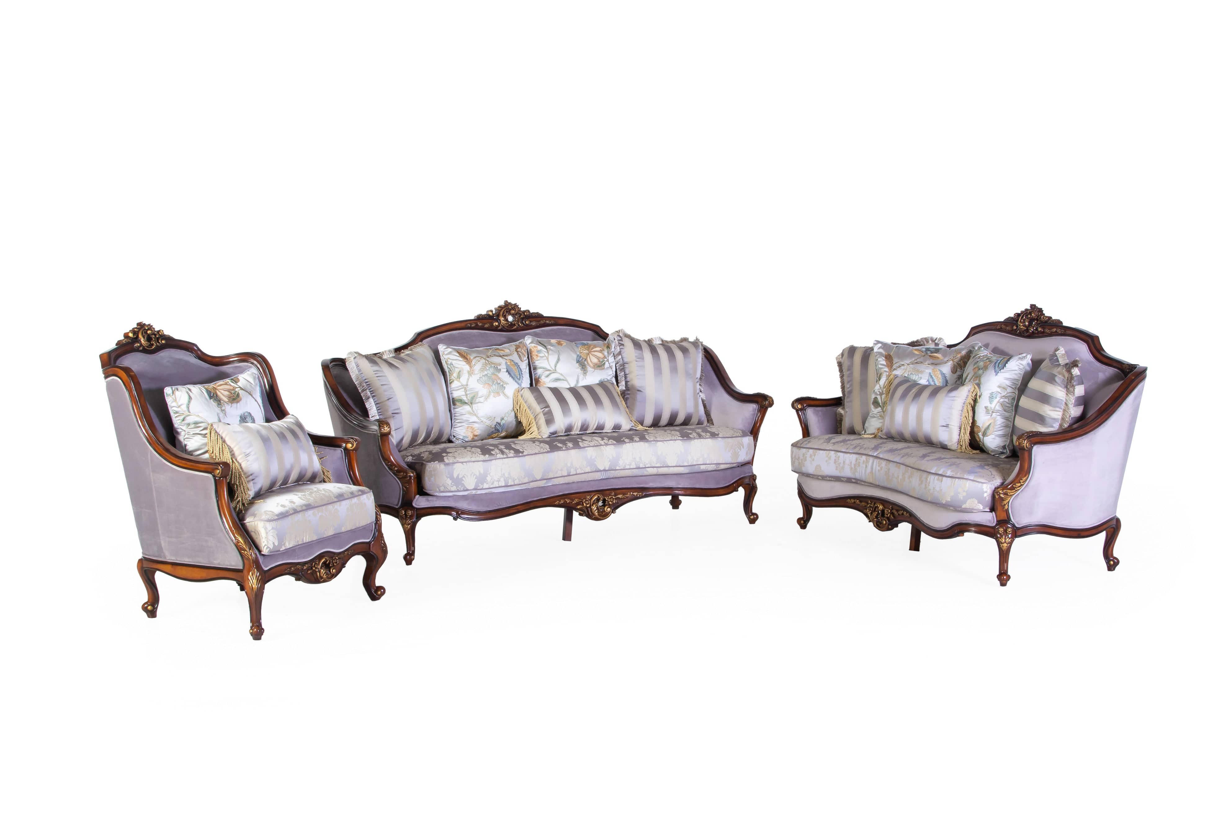 Classic Carved Wood 3-Piece Living Room Set (Sofa, Loveseat & Chair) – Lavender/Silver