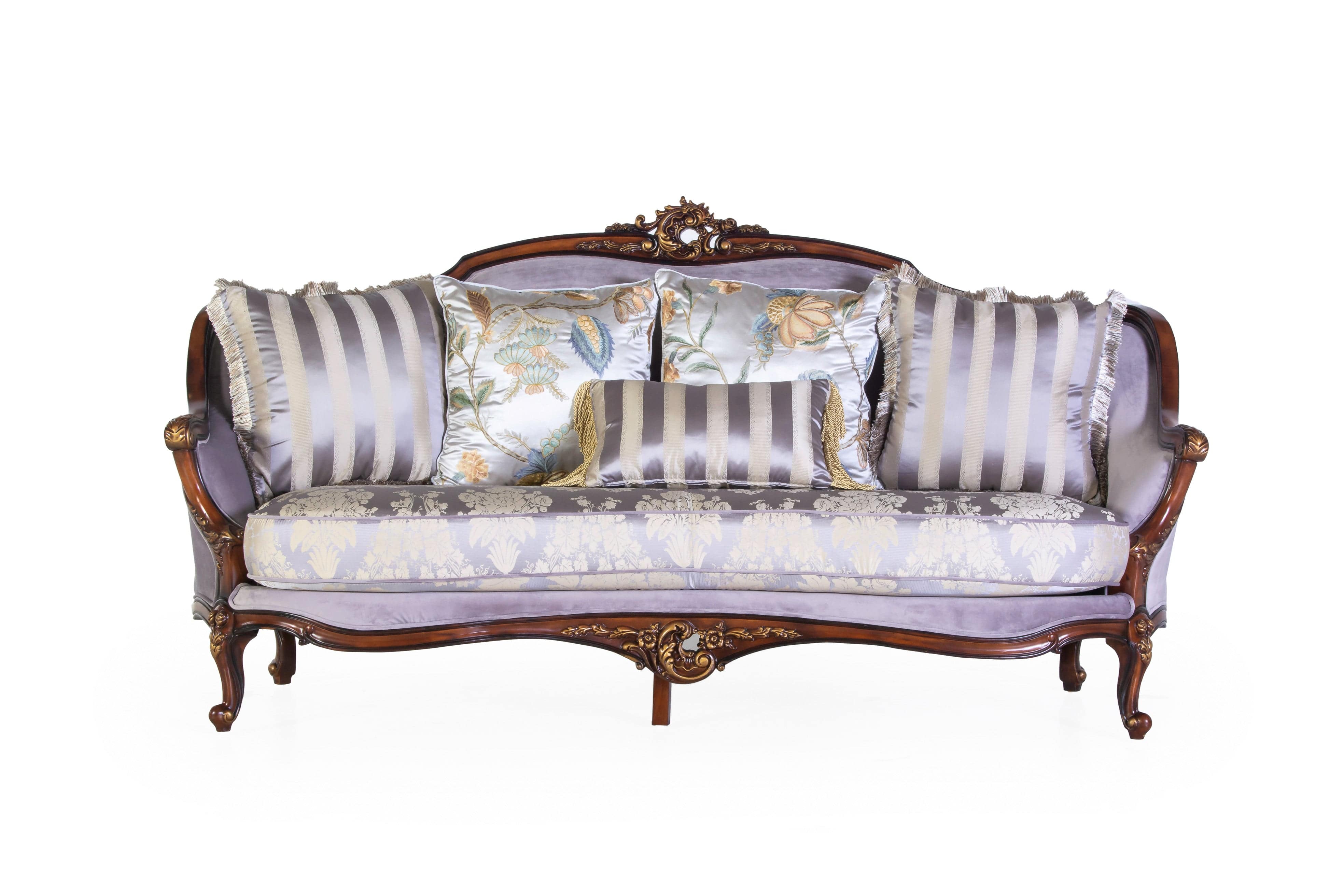Classic Carved Wood 3-Piece Living Room Set (Sofa, Loveseat & Chair) – Lavender/Silver