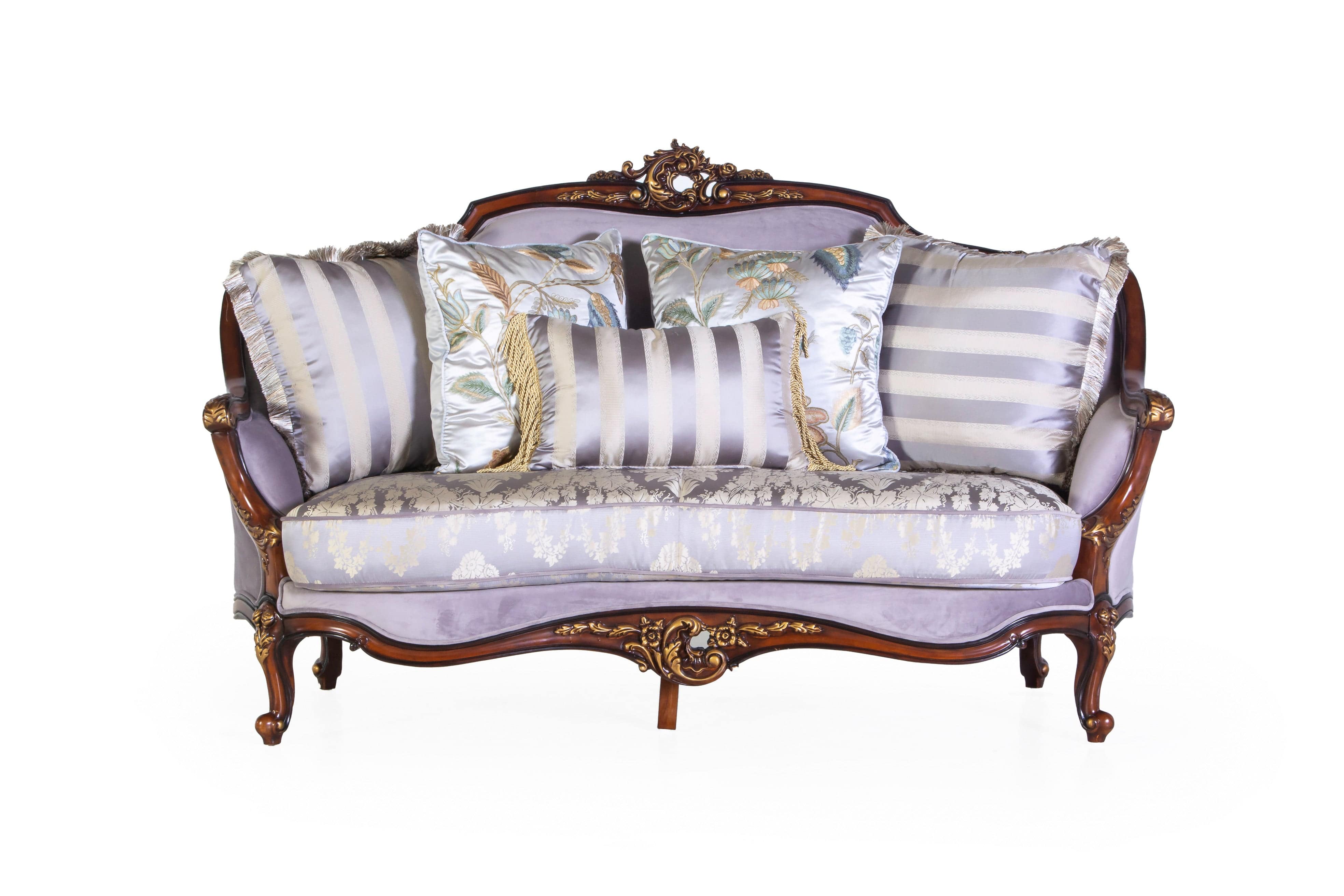 Classic Carved Wood 3-Piece Living Room Set (Sofa, Loveseat & Chair) – Lavender/Silver