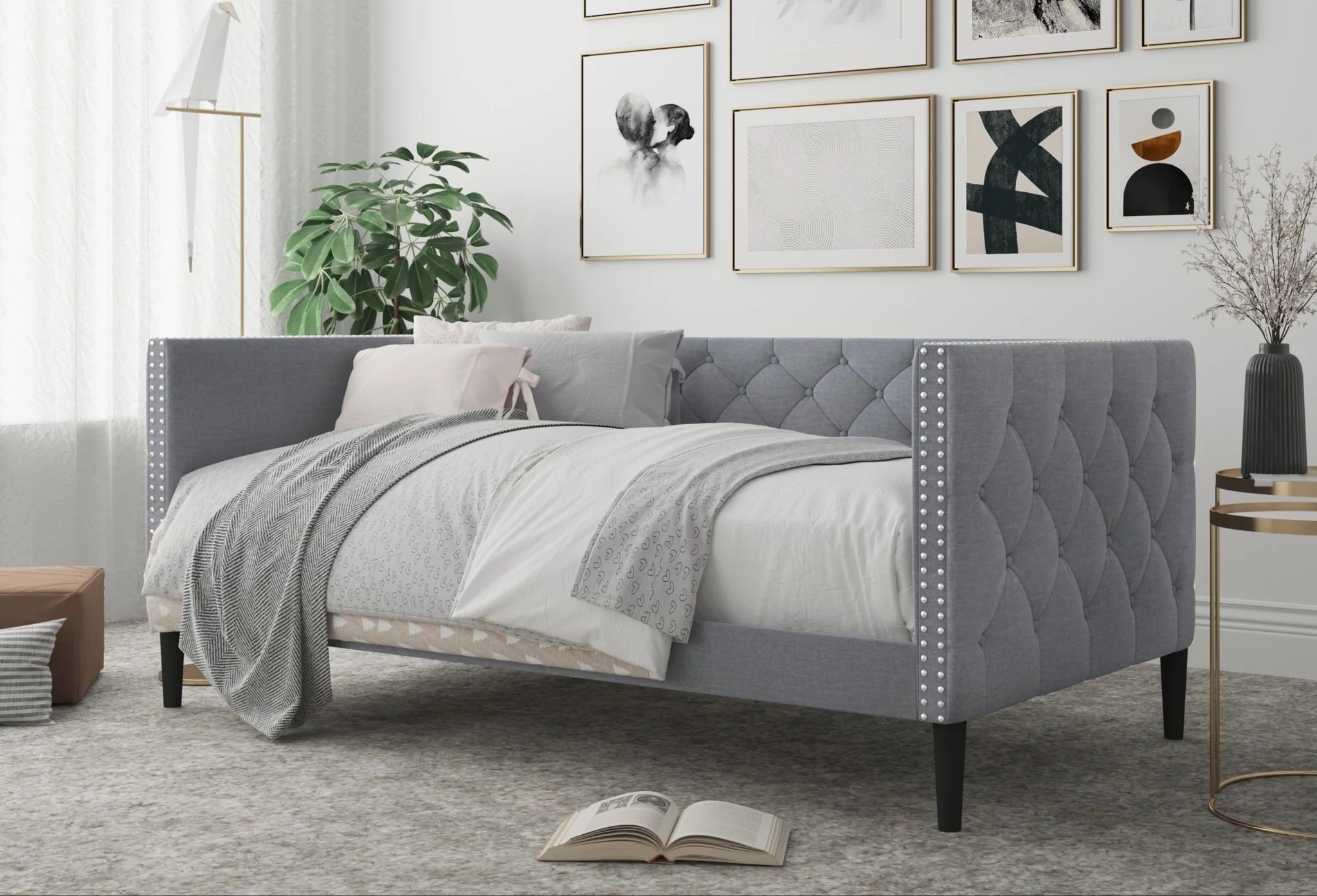 Gray Tufted Upholstered Twin Daybed with Nailhead Trim