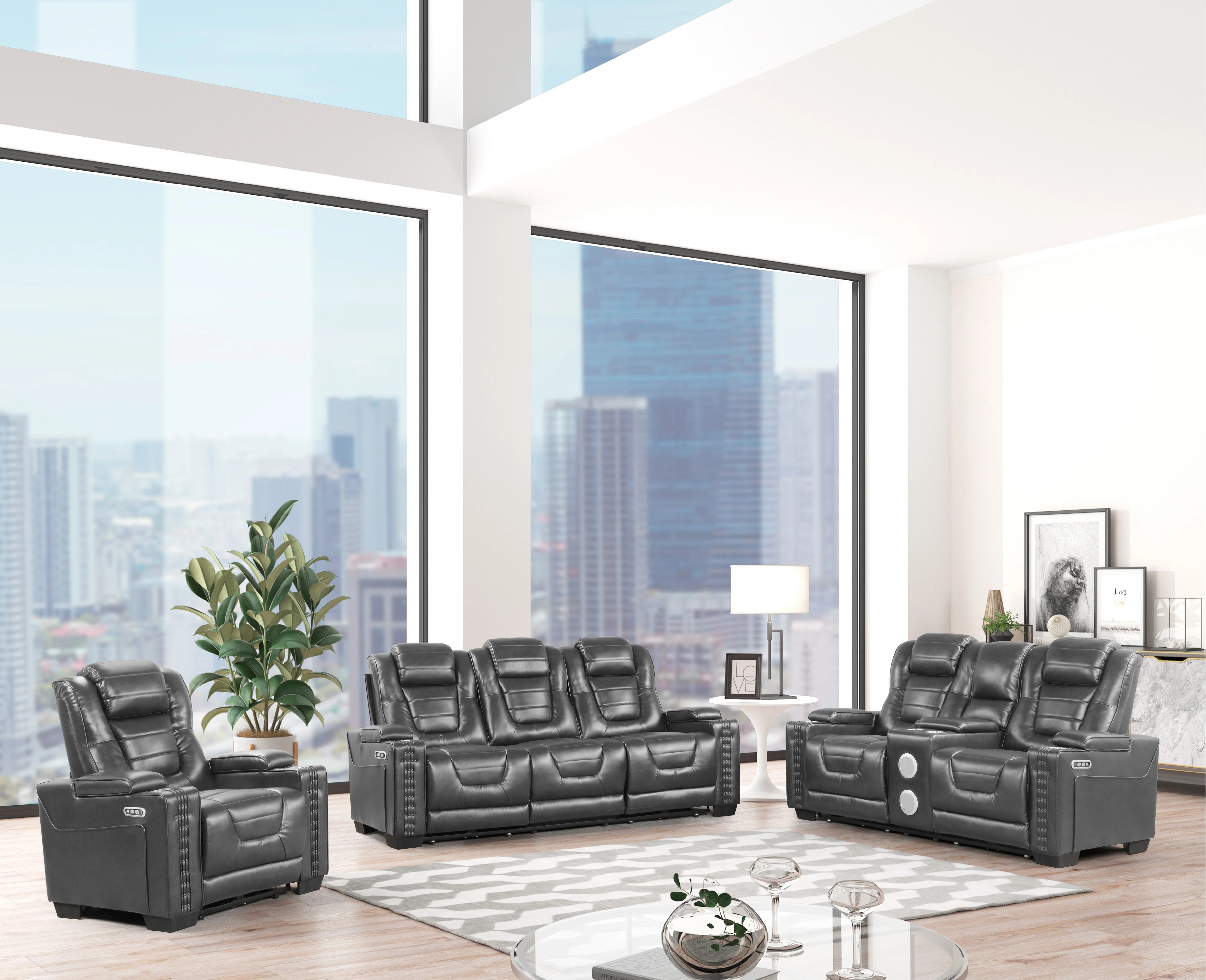 3-Piece Gray Power Reclining Living Room Set w/ Power Headrests, Armrest storage, Dropdown table, cup holder, USB charging, & Speakers.
