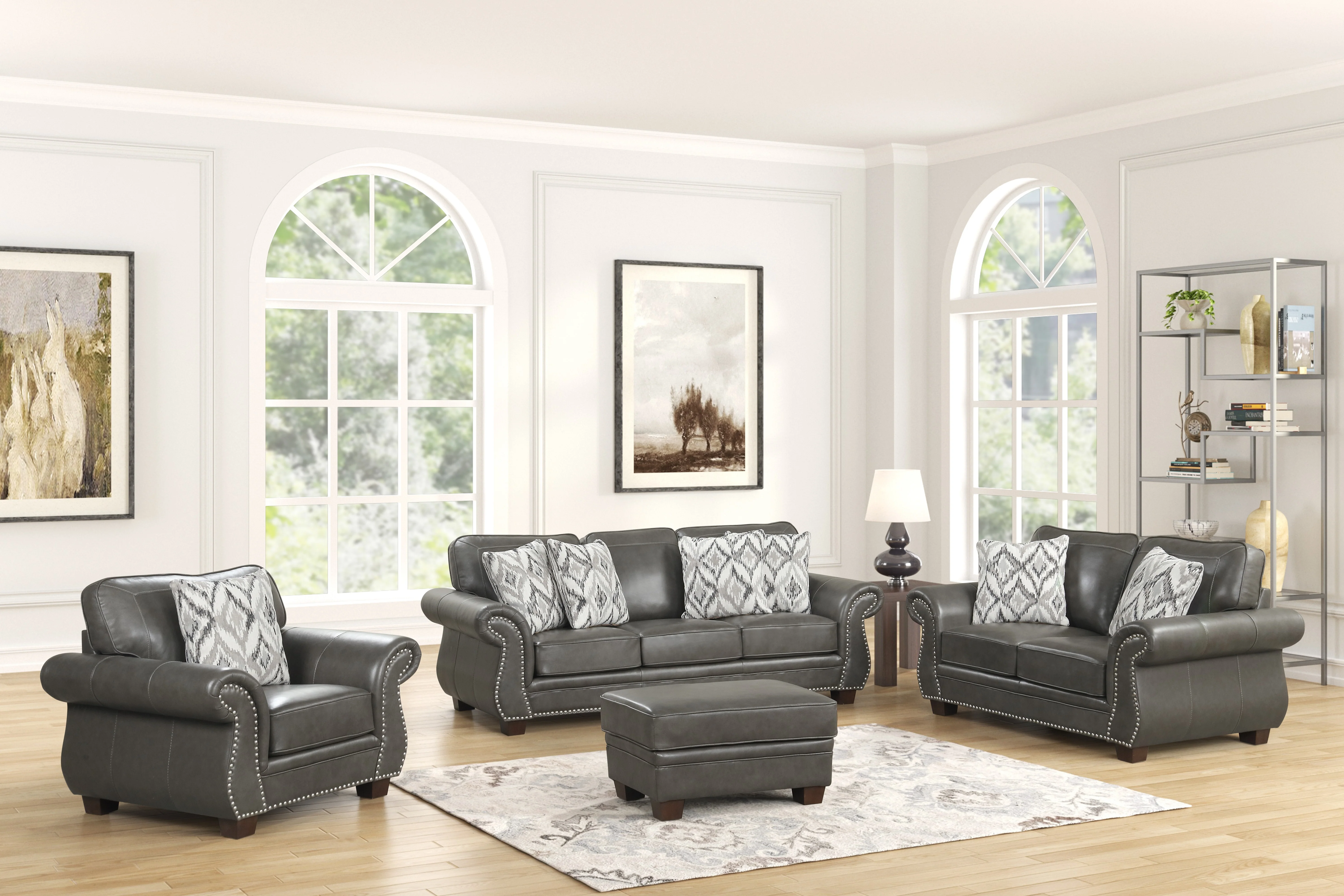 Smoke Grey Top-Grain Leather 4-Piece Living Room Set with Sofa, Loveseat, Chair & Ottoman