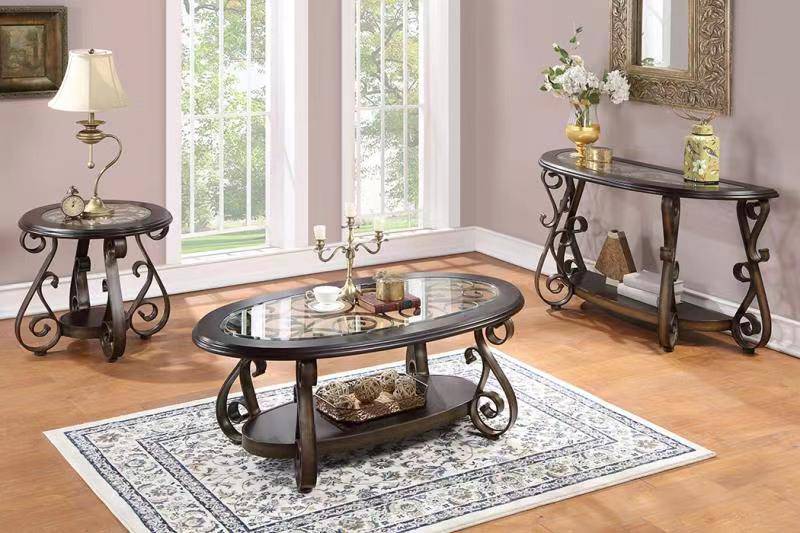 3-Piece Living Room Coffee Table Set with Glass Tops & Curved Metal Legs