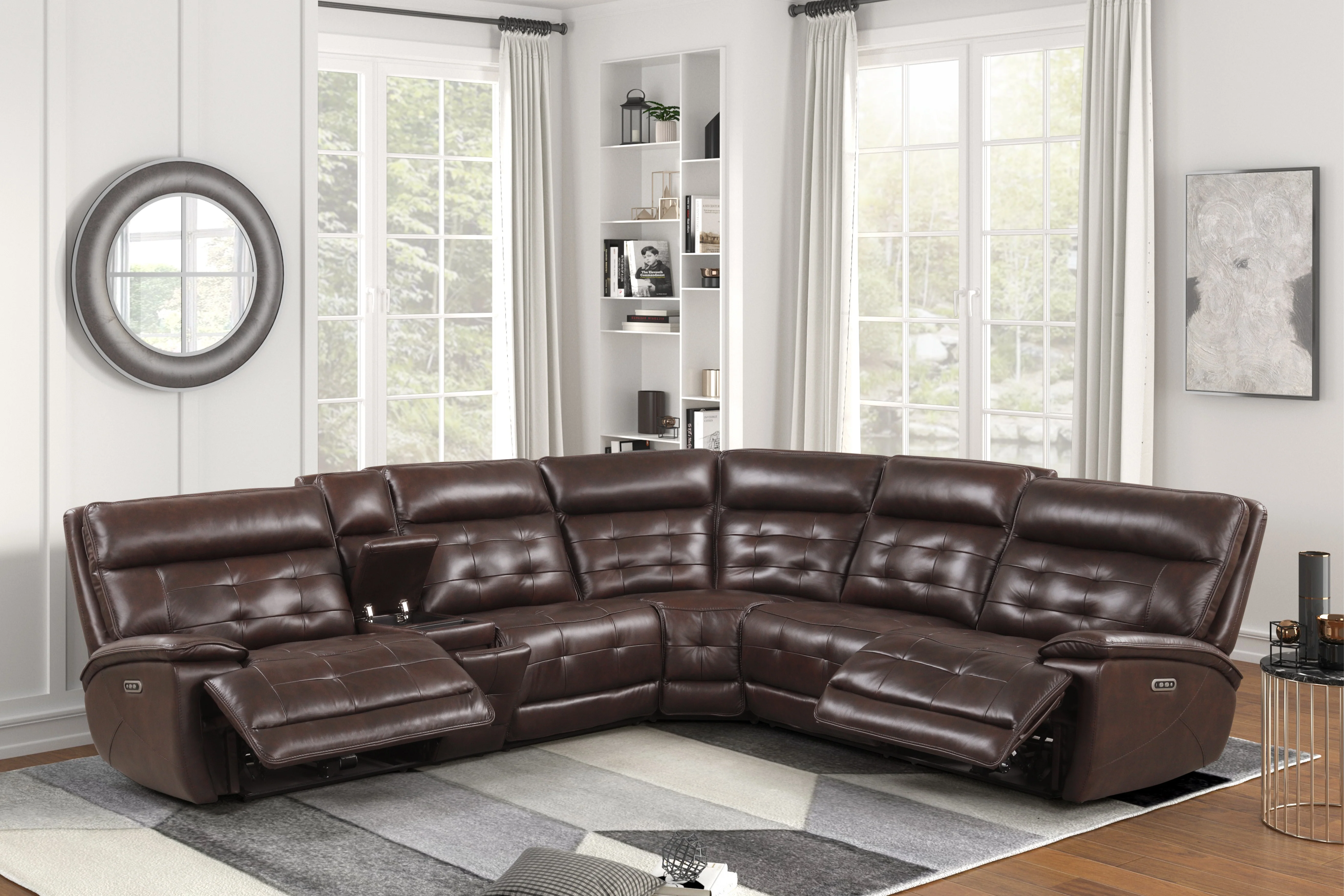 Brown 3 Piece Power Reclining Sectional with Top Grain Leather Seating