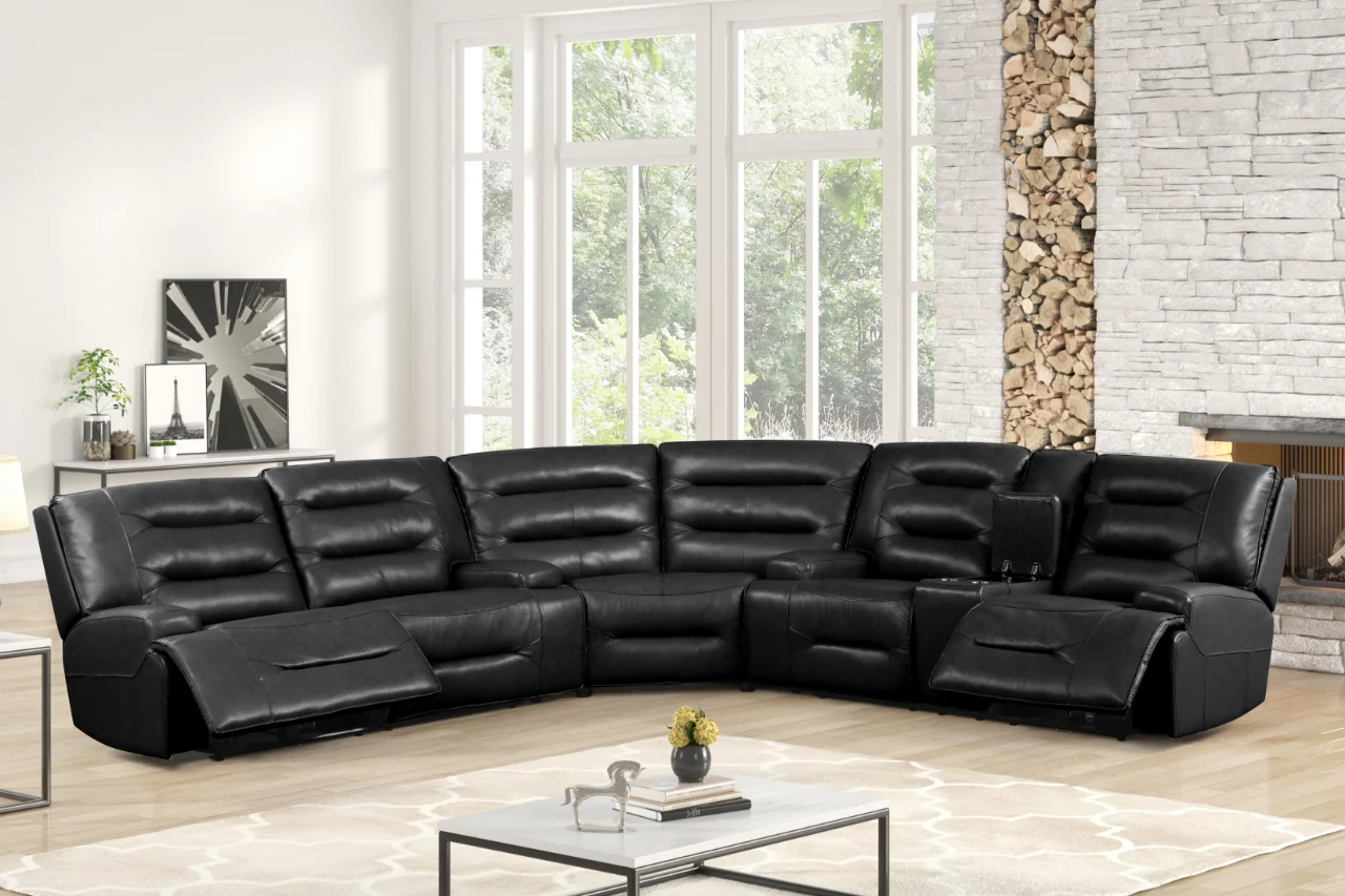 Modern Black Power Reclining Sectional Sofa with Console - Top Grain Leather