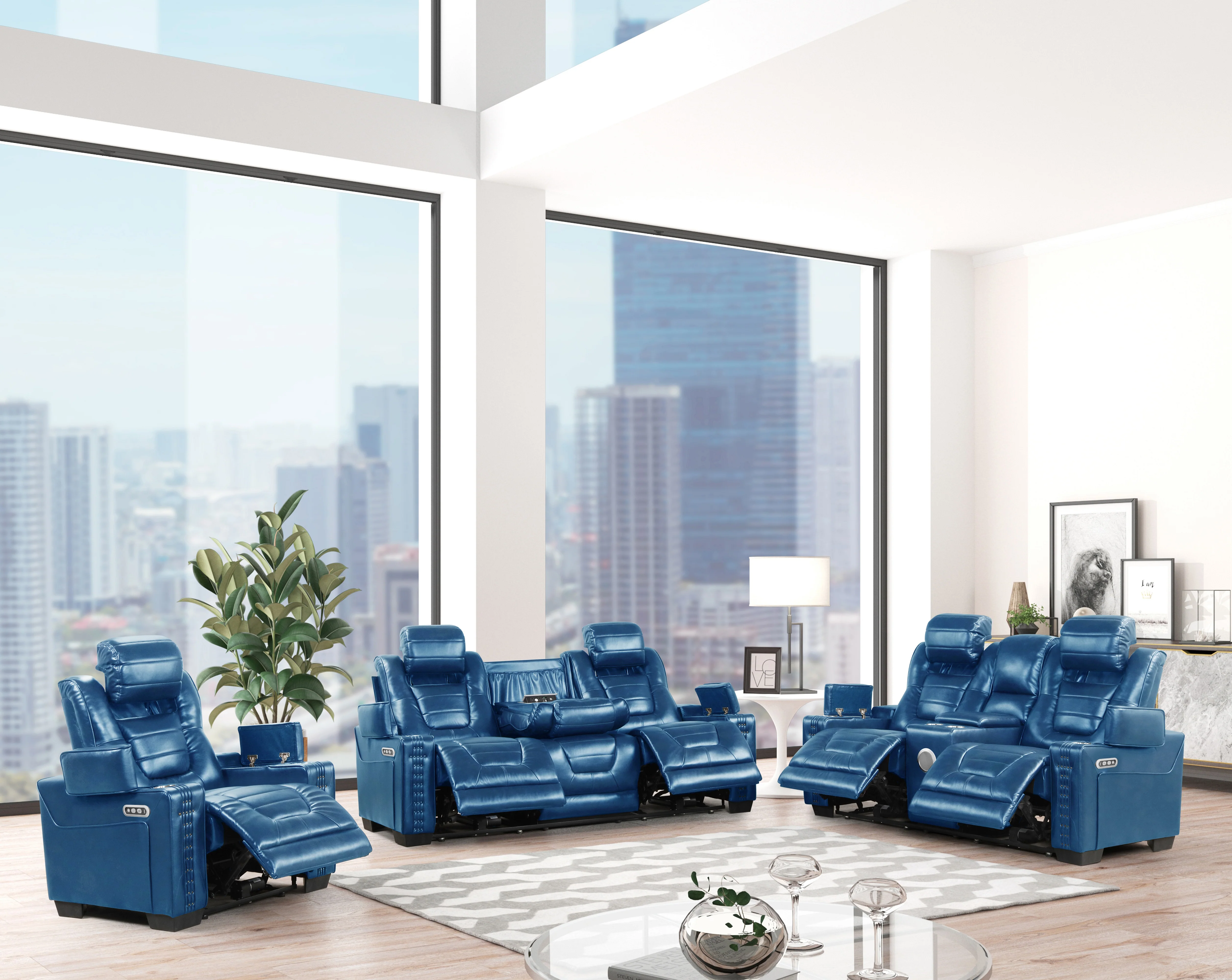 3-Piece Blue Power Reclining Living Room Set w/ Power Headrests, Storage, Reading Light, Built-in Speakers