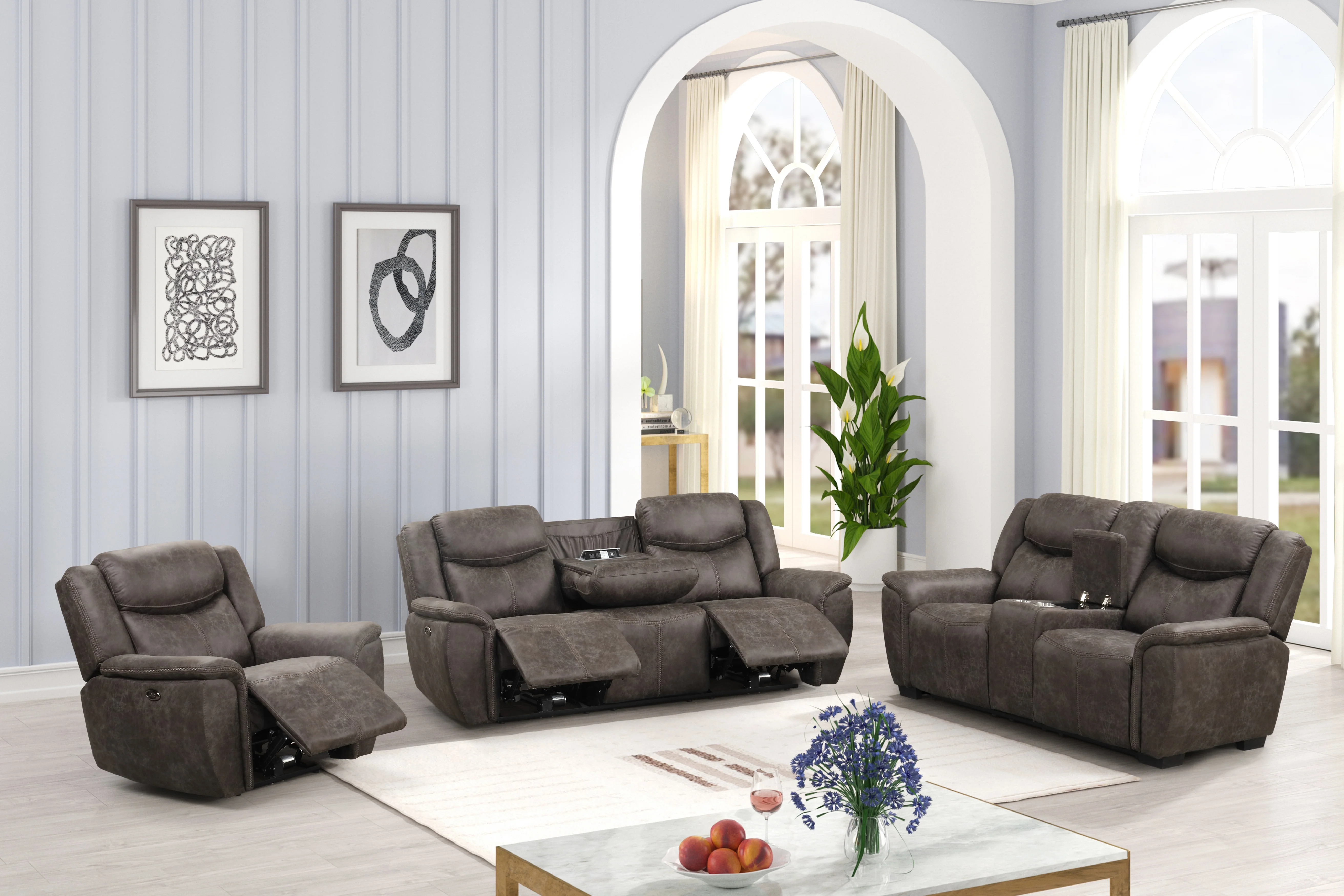 Contemporary Dark Gray 3-Piece Power Reclining Living Room Set with Console & USB