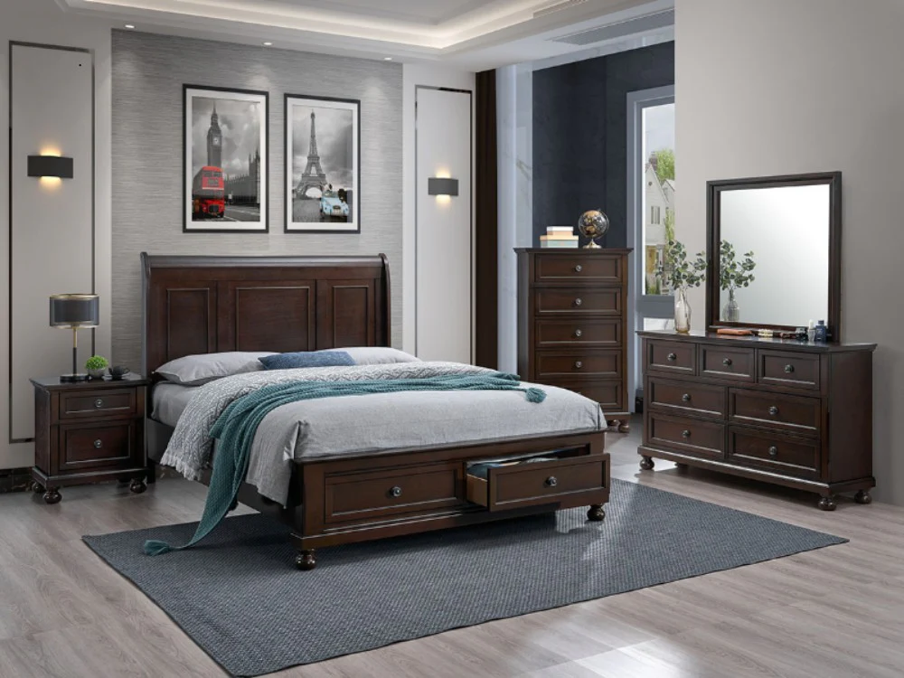 Transitional Espresso 6-Piece Queen Storage Bedroom Set (Bed, Dresser, Mirror, & Nightstand)