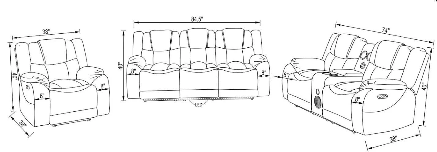 Dark Gray 3-Piece Power Reclining Living Room Set with LED Lights, USB, Bluetooth Speaker & Wireless Charging